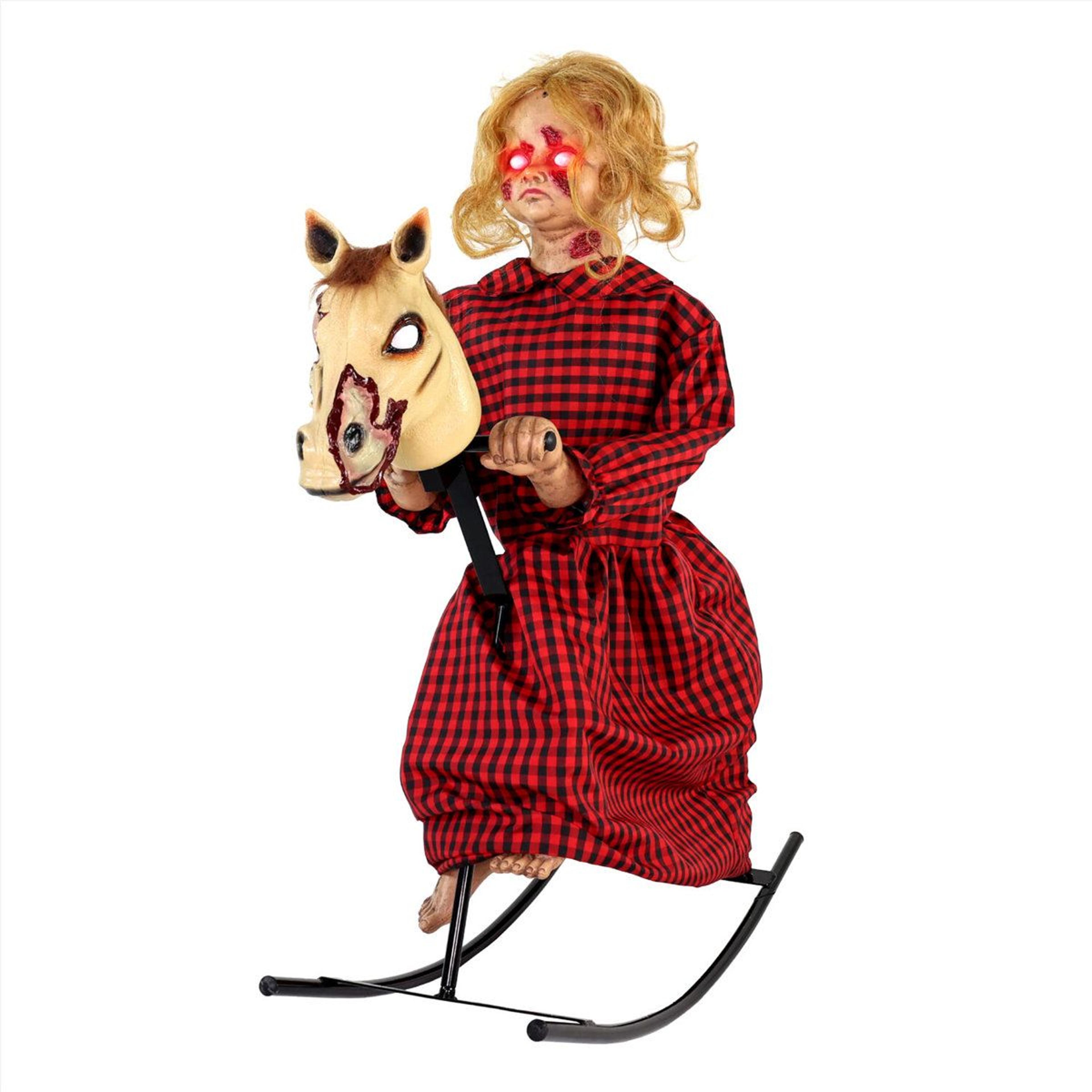 haunted rocking horse girl animatronic with sound and red glowing eyes
