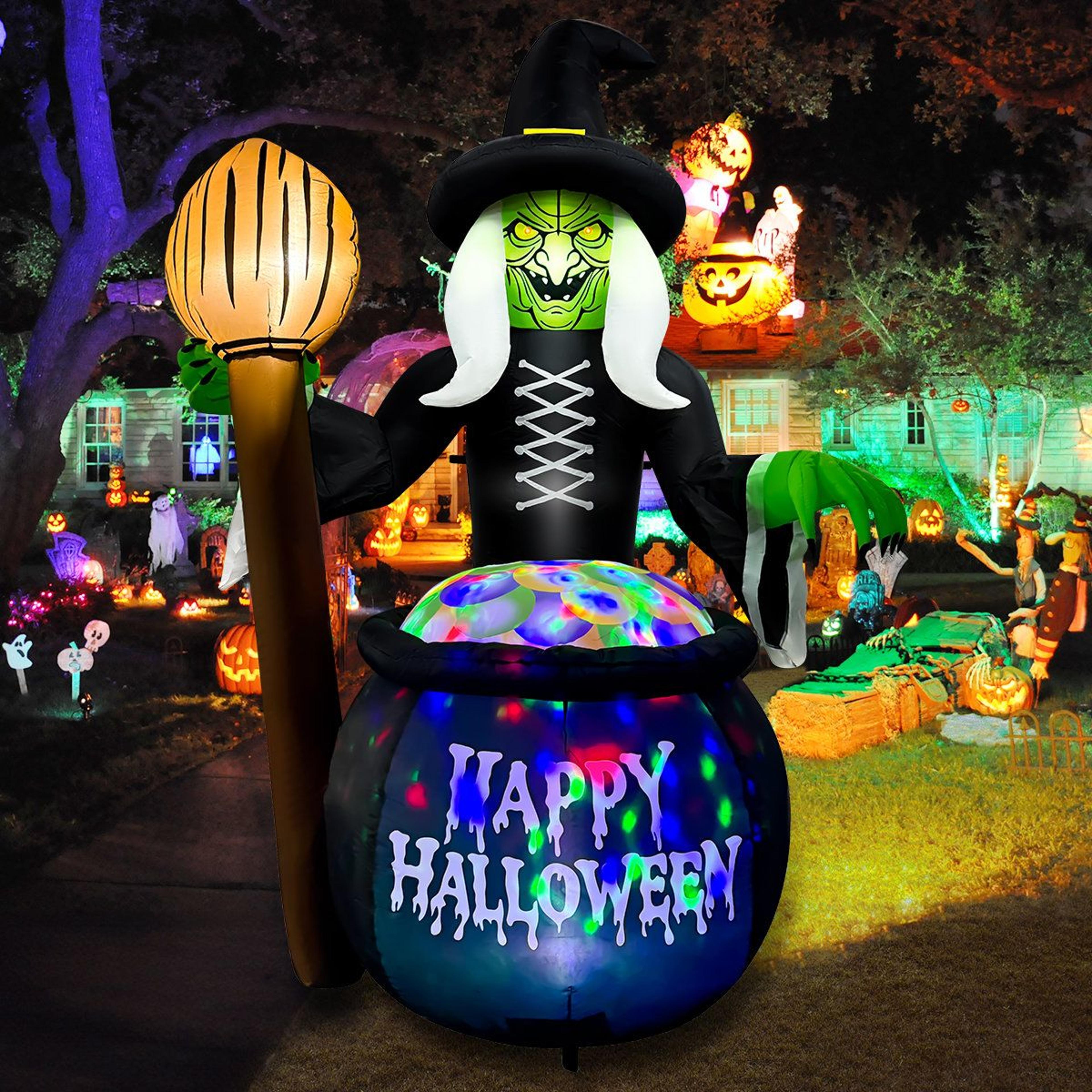 halloween inflatable witch with cauldron led lights weather resistant outdoor yard decor