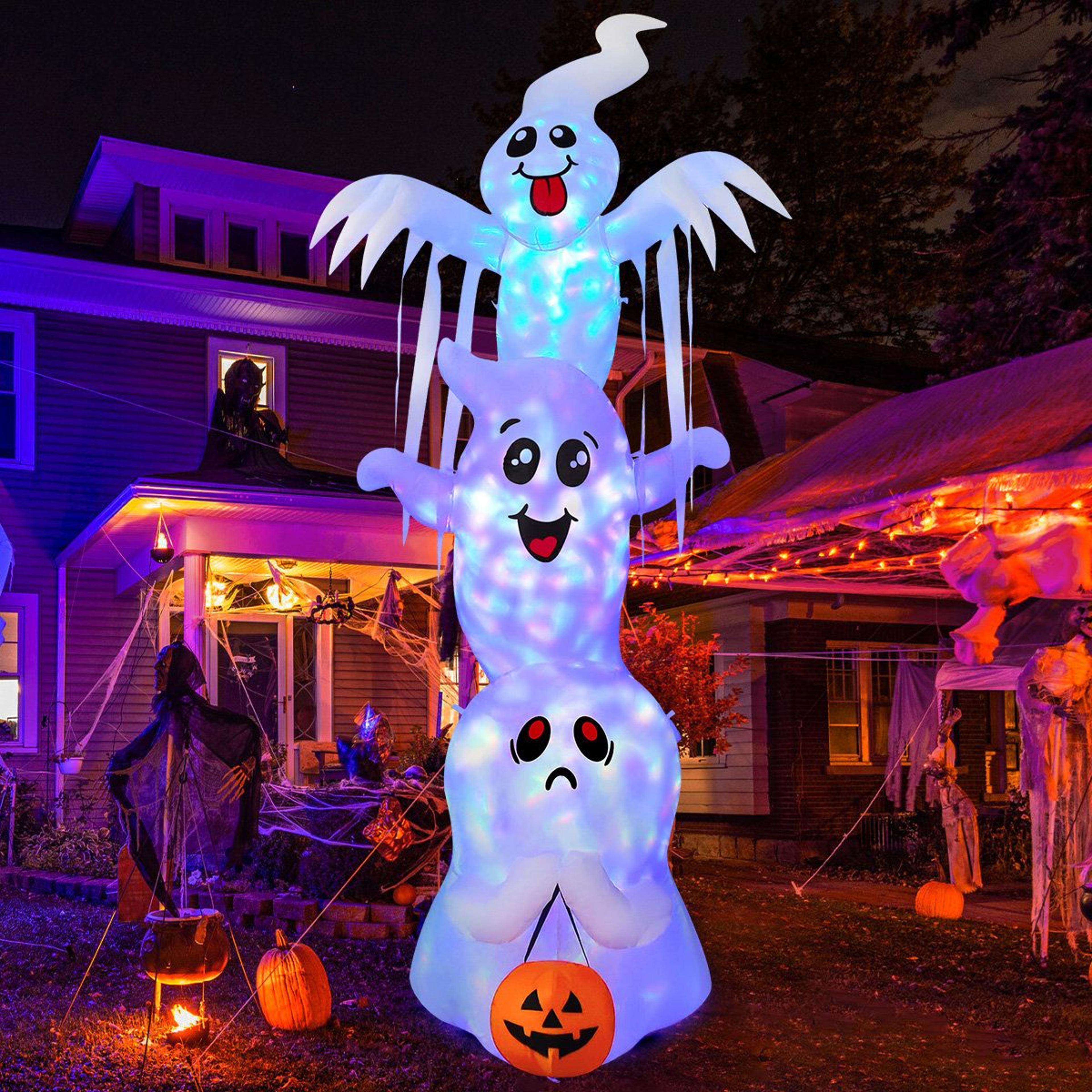 halloween inflatable stacked ghosts with multicolor led lights