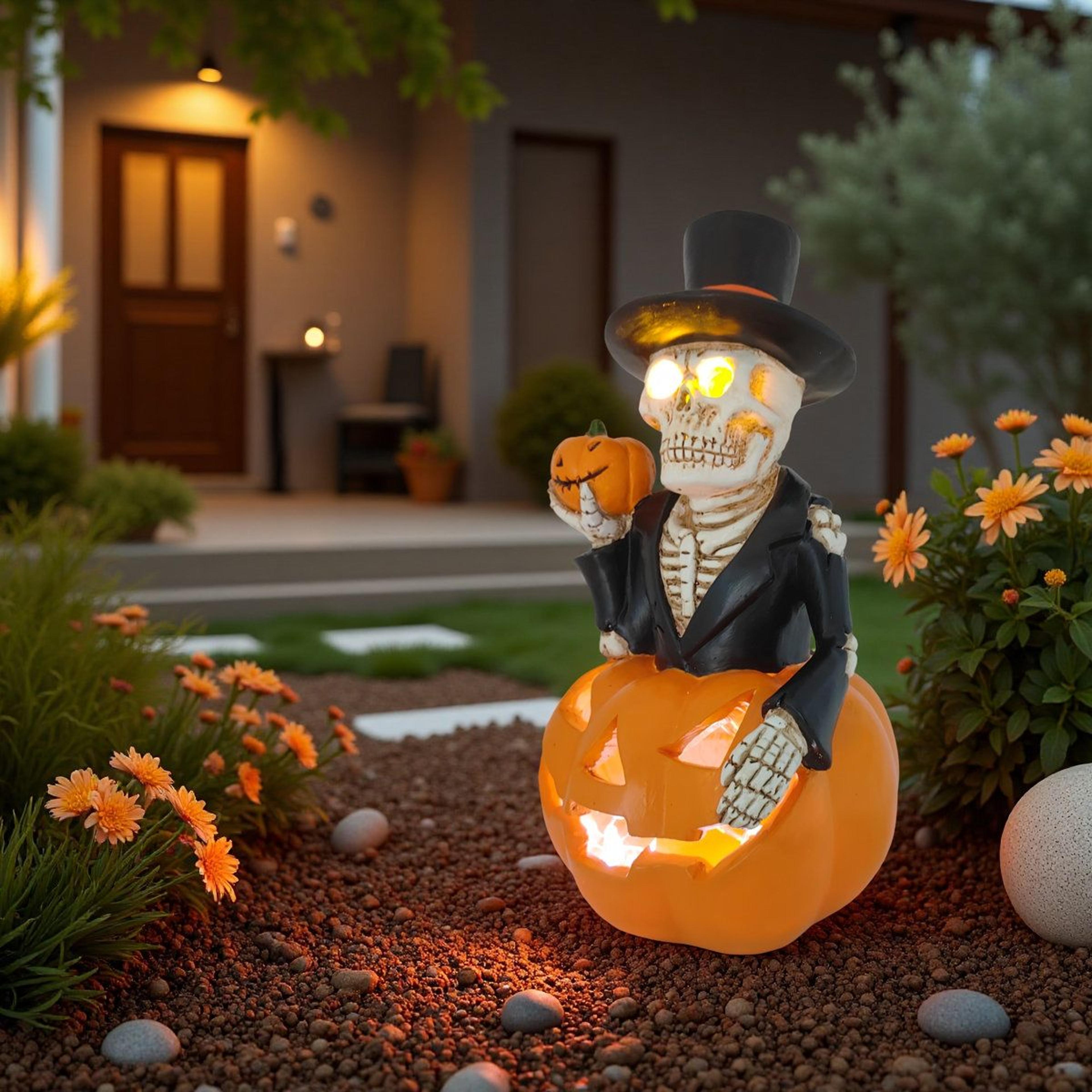 halloween skeleton pumpkin statue with led lights for outdoor decor