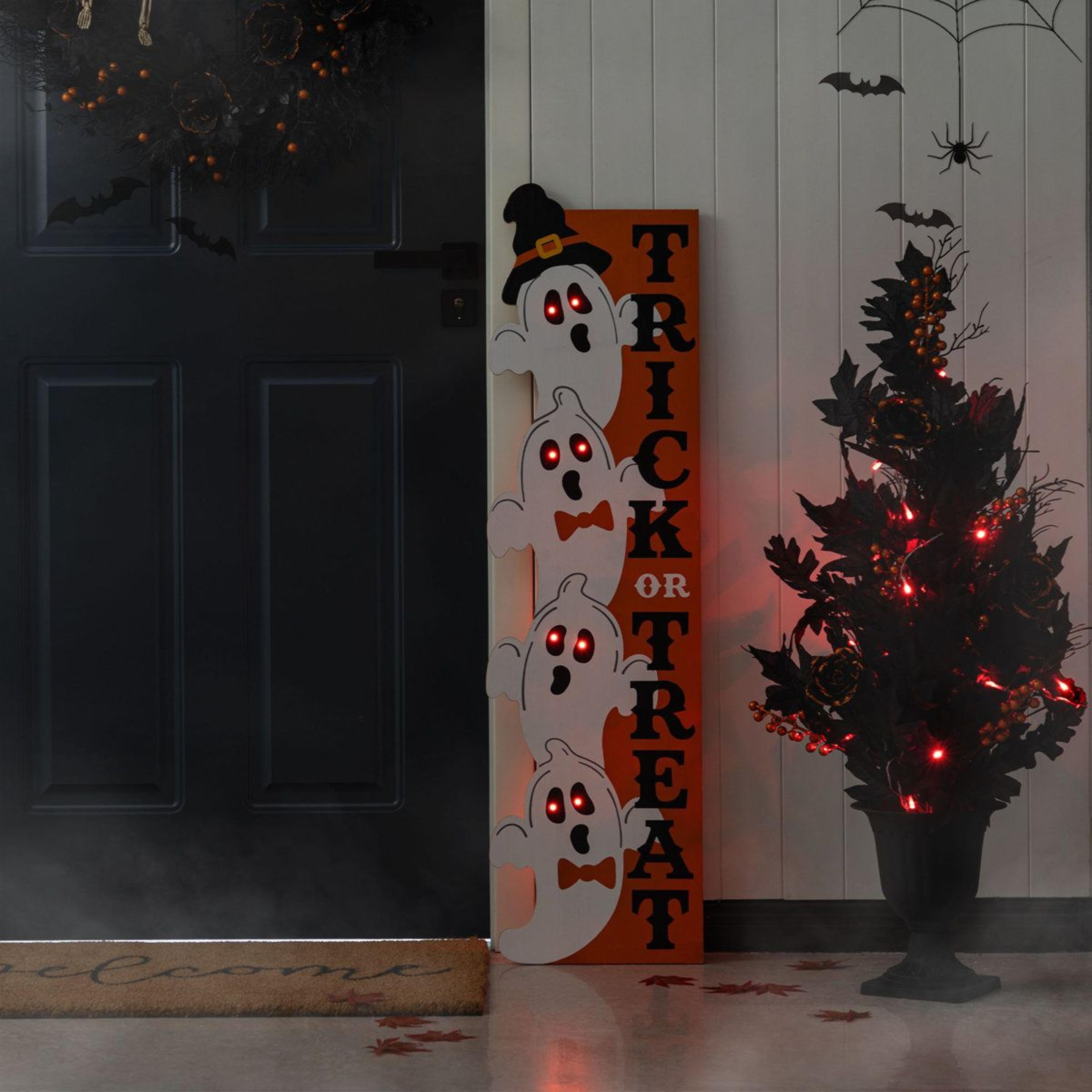 lighted halloween wooden stacked ghost porch sign with timer