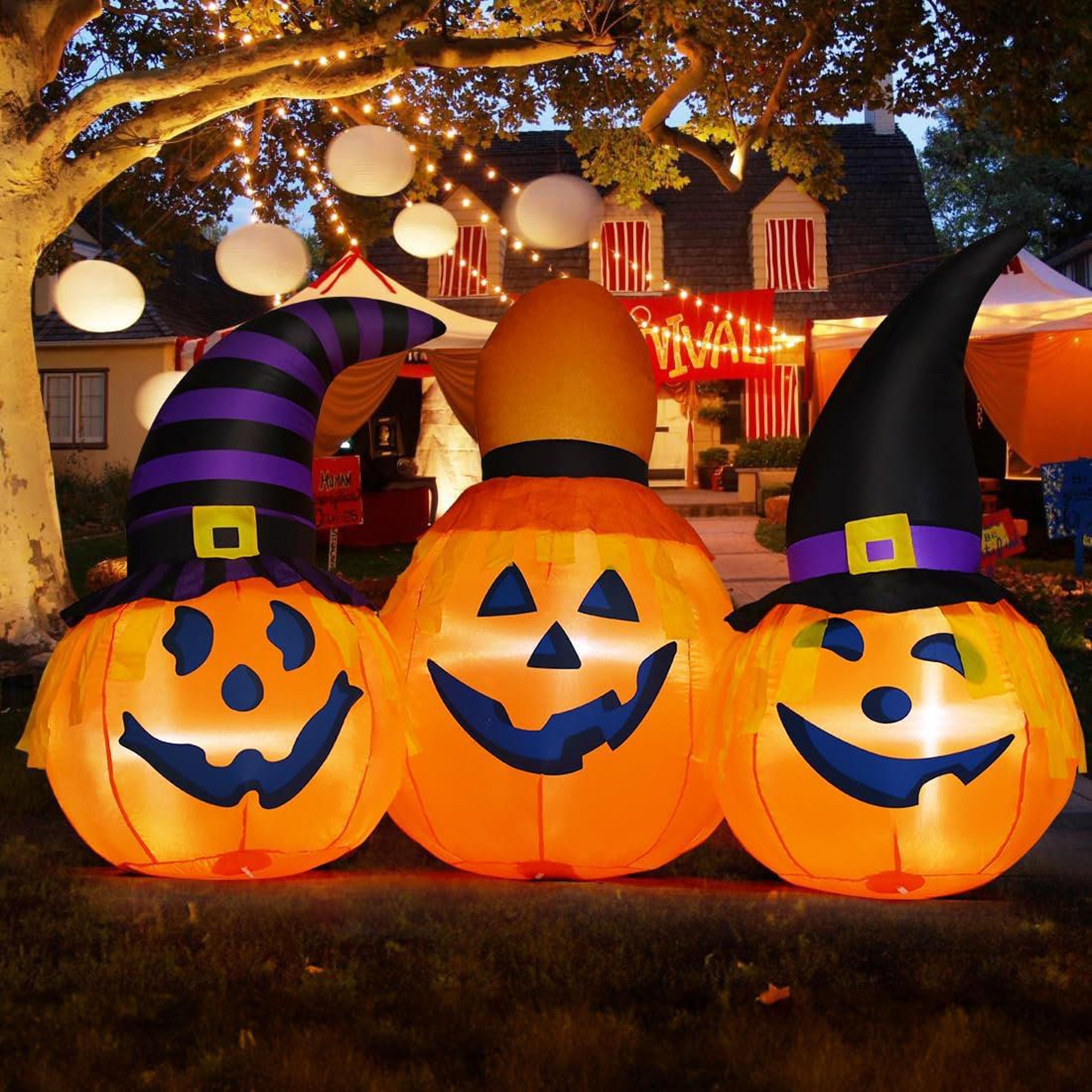halloween inflatable three pumpkins with witch hats and led lights