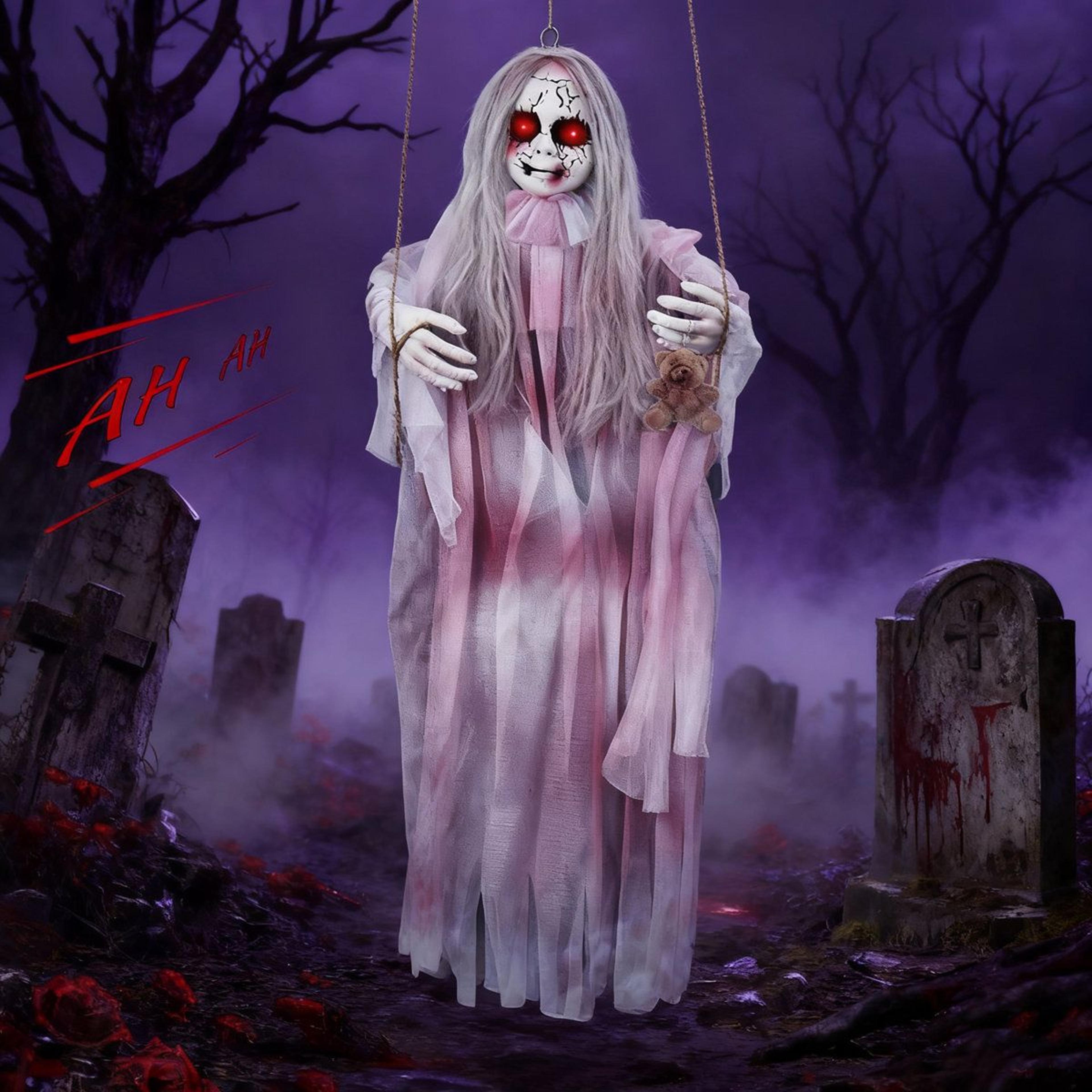 halloween animatronic hanging girl ghost with swinging motion and led eyes