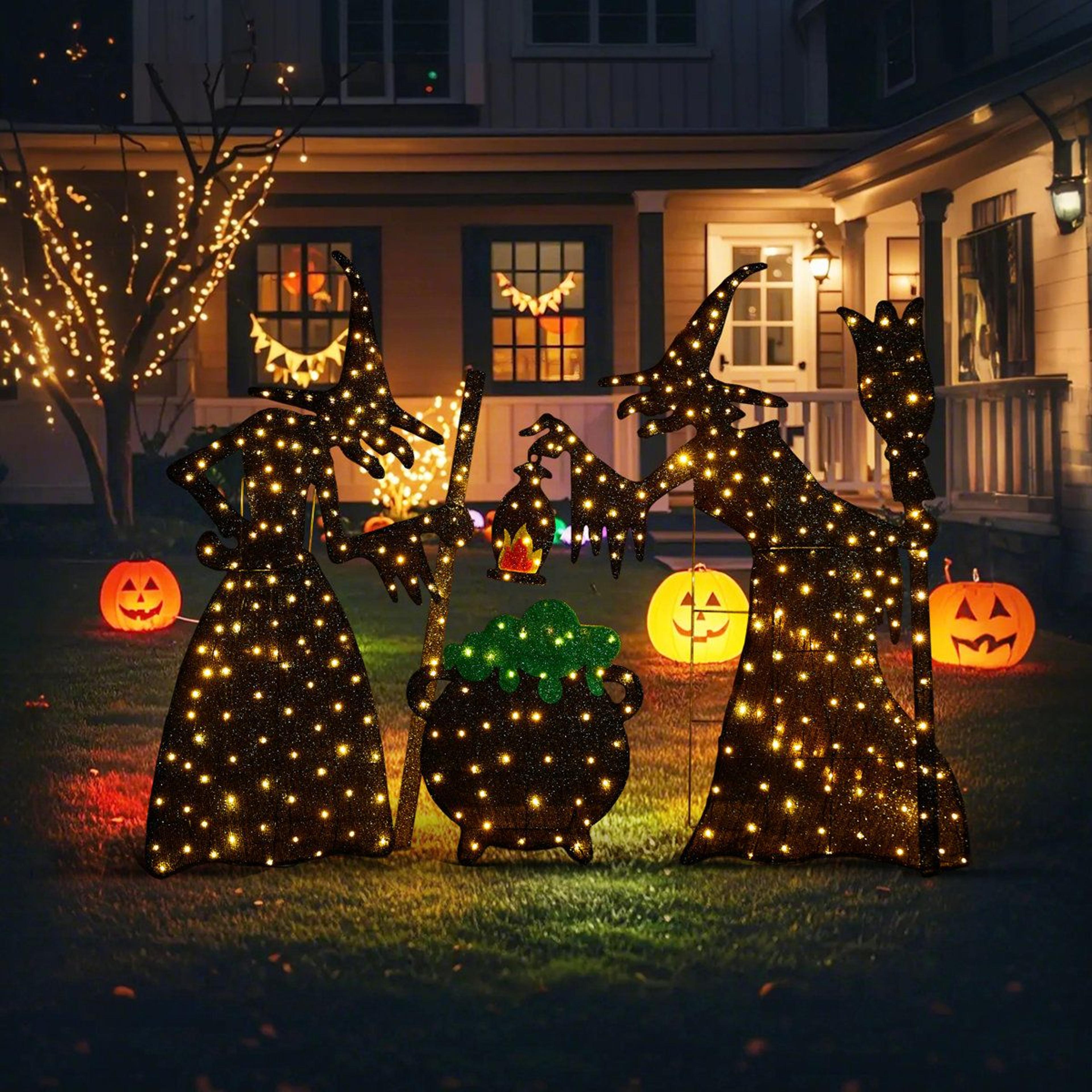 lighted halloween witches with cauldron outdoor decor warm white led lights