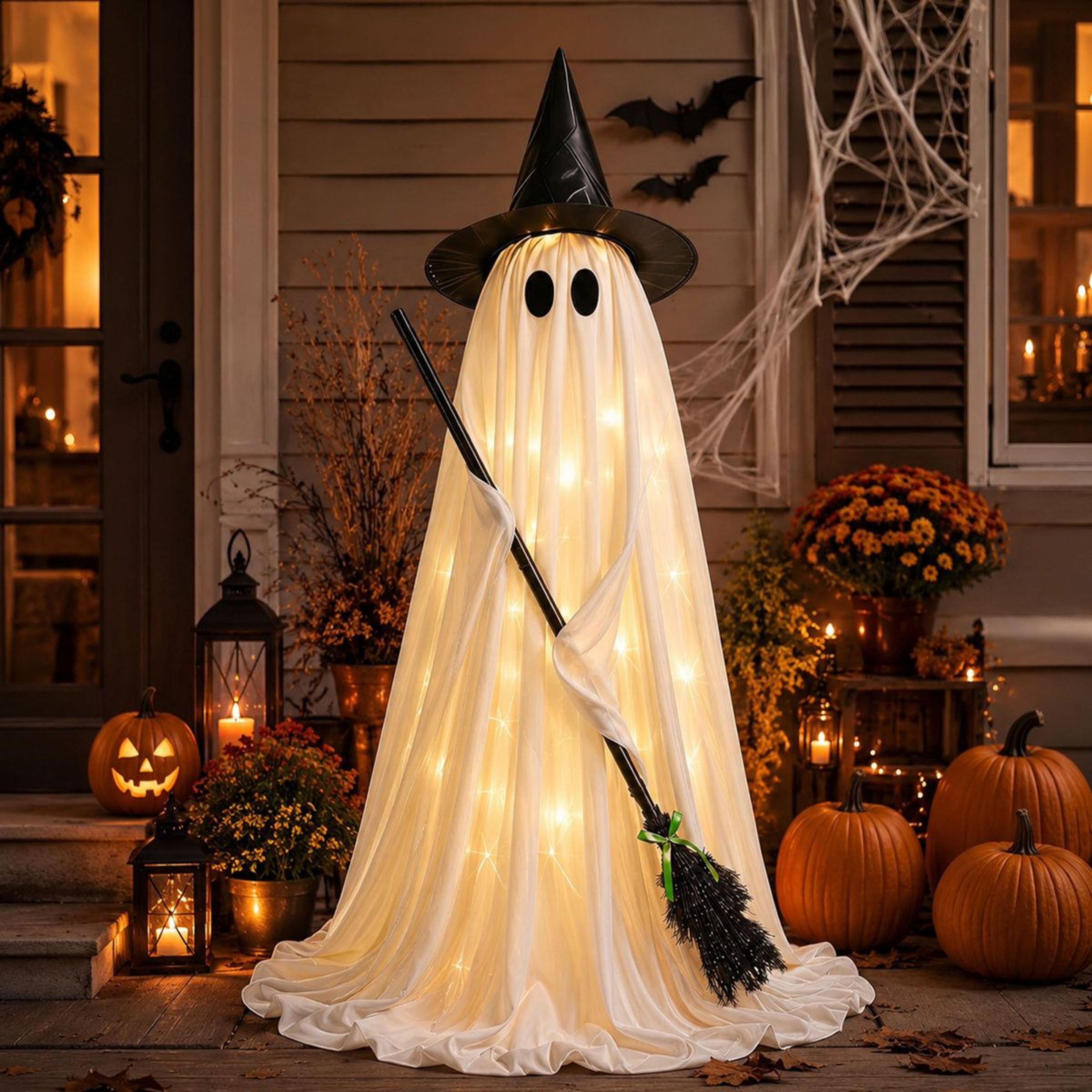 lighted halloween ghost porch decoration with witch hat and broom