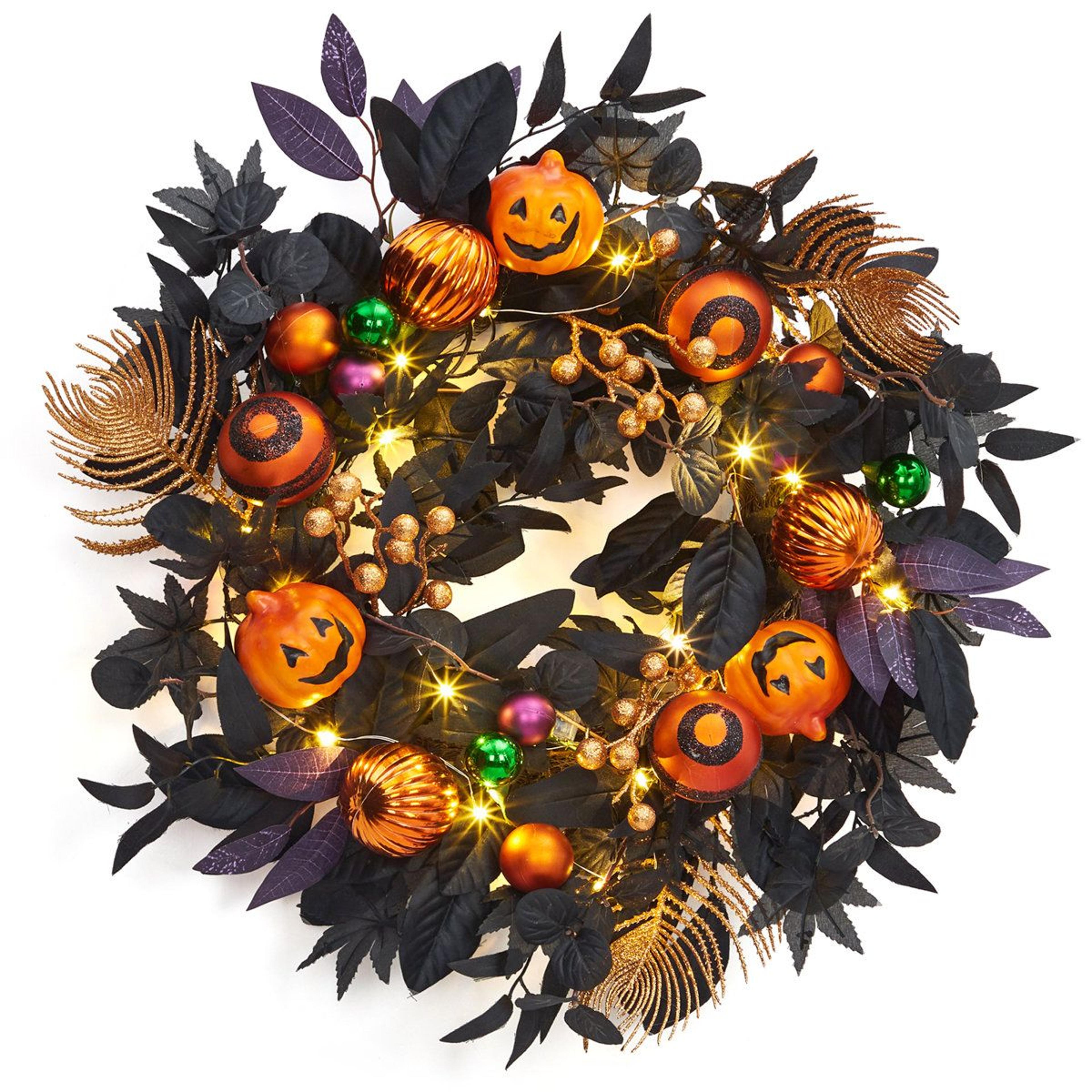 light up halloween wreath with warm white led lights and pumpkin ornaments