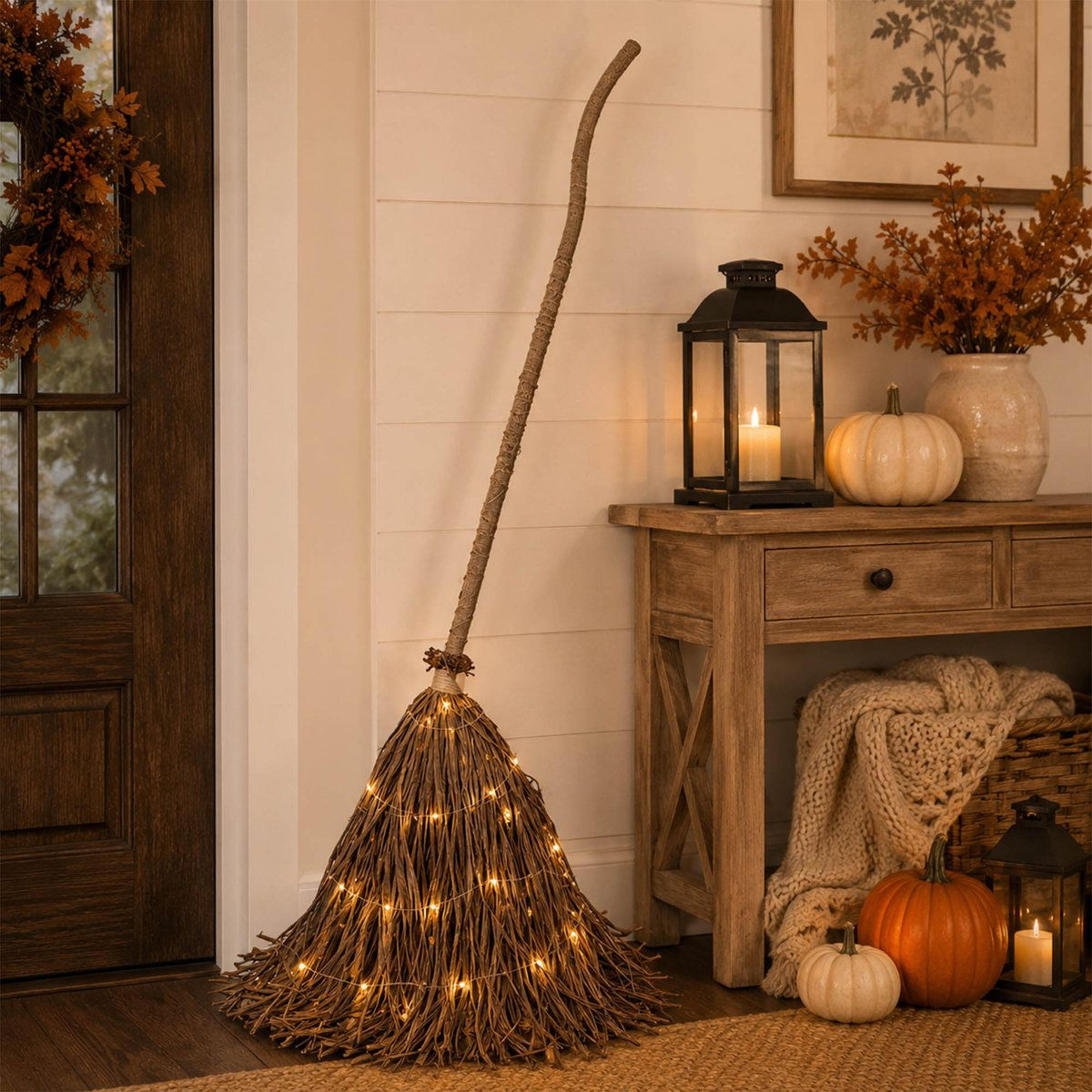 light up halloween witch broom decoration with led lights