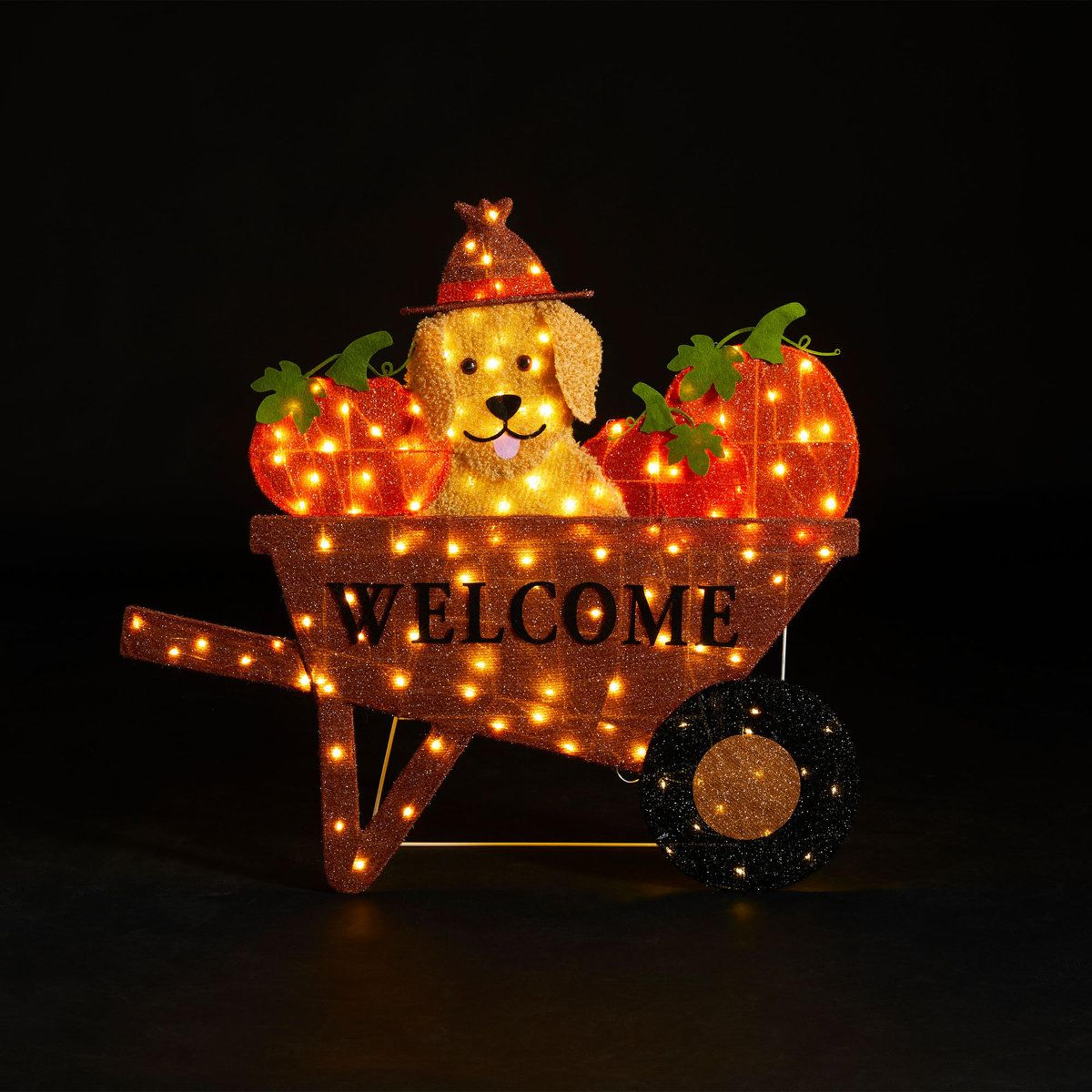 lighted fall pumpkin wheelbarrow with labrador dog and warm white led lights