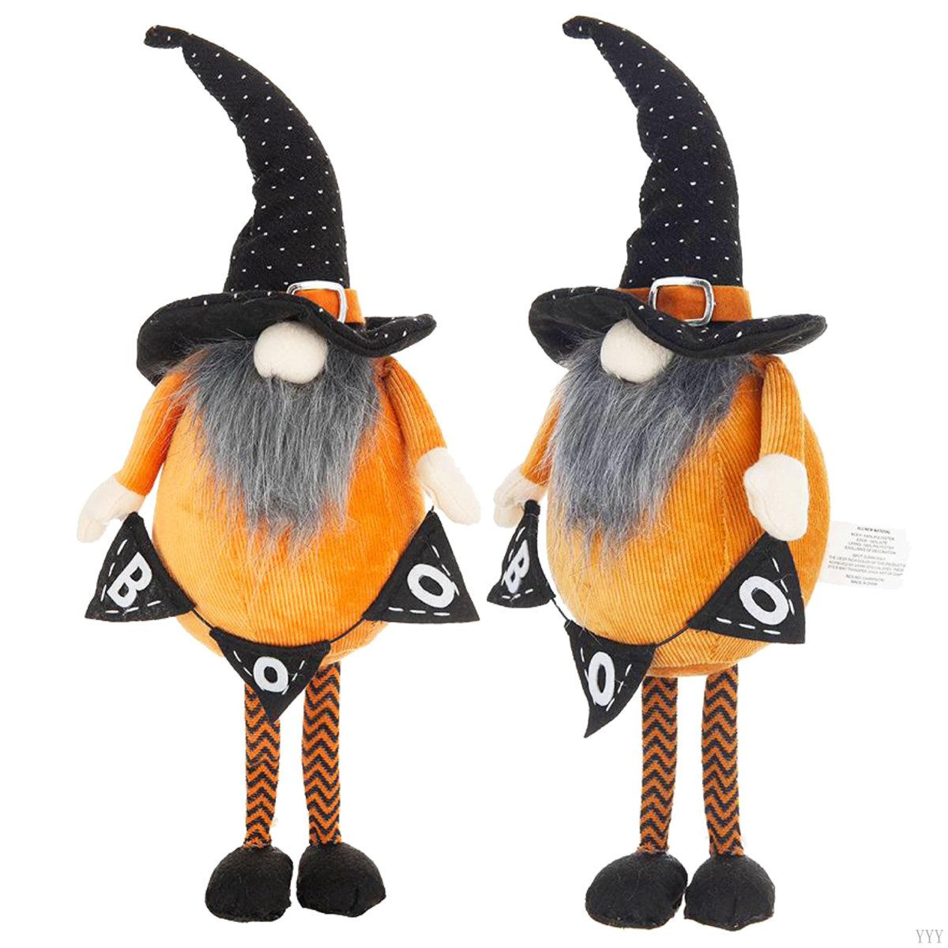 standing halloween gnome decoration with banner orange and black fabric
