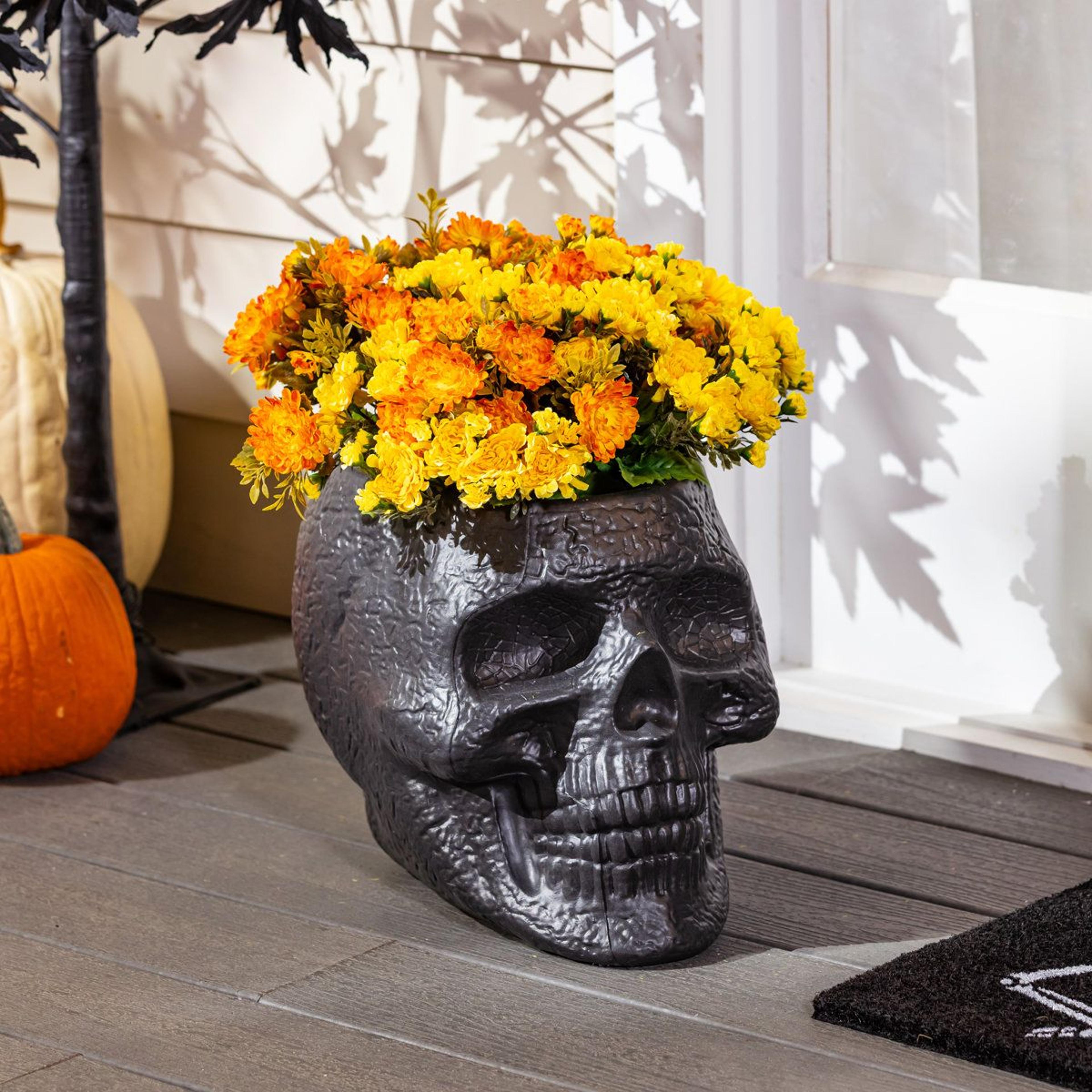 skull shaped planter and halloween candy holder for indoor outdoor decor