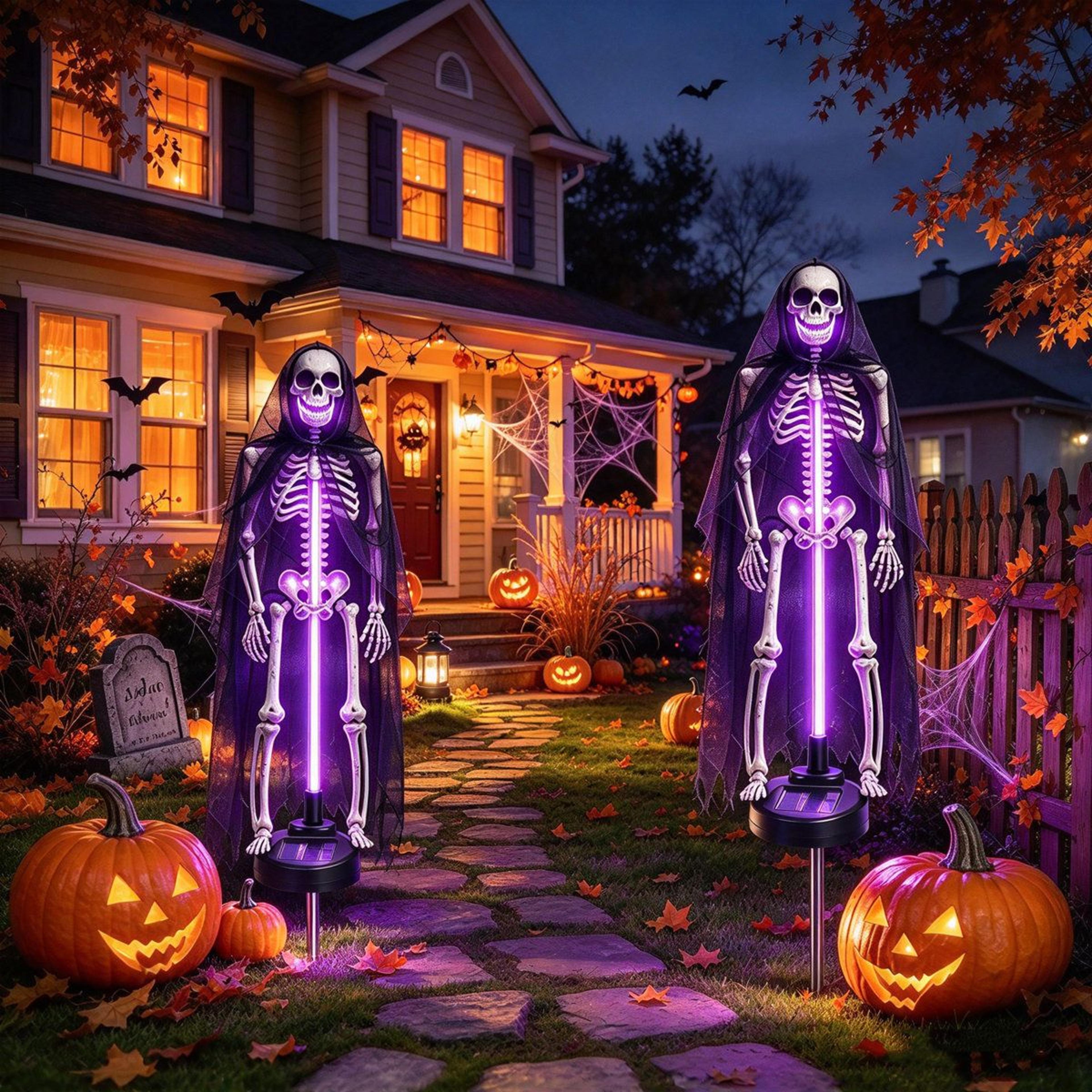 solar powered halloween skeleton lights with purple leds