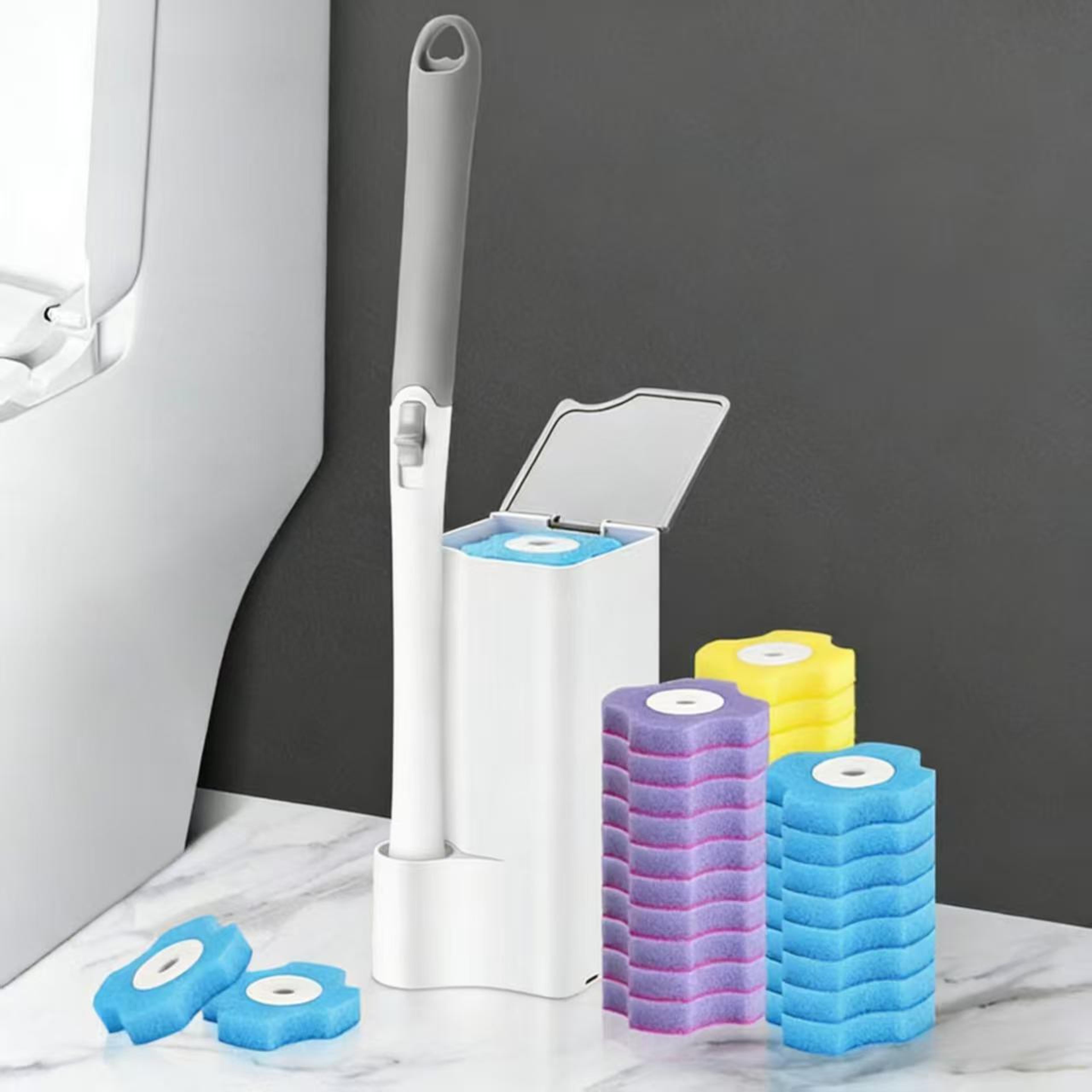 hygienic disposable toilet brush cleaning kit with long handle & replacement brush heads