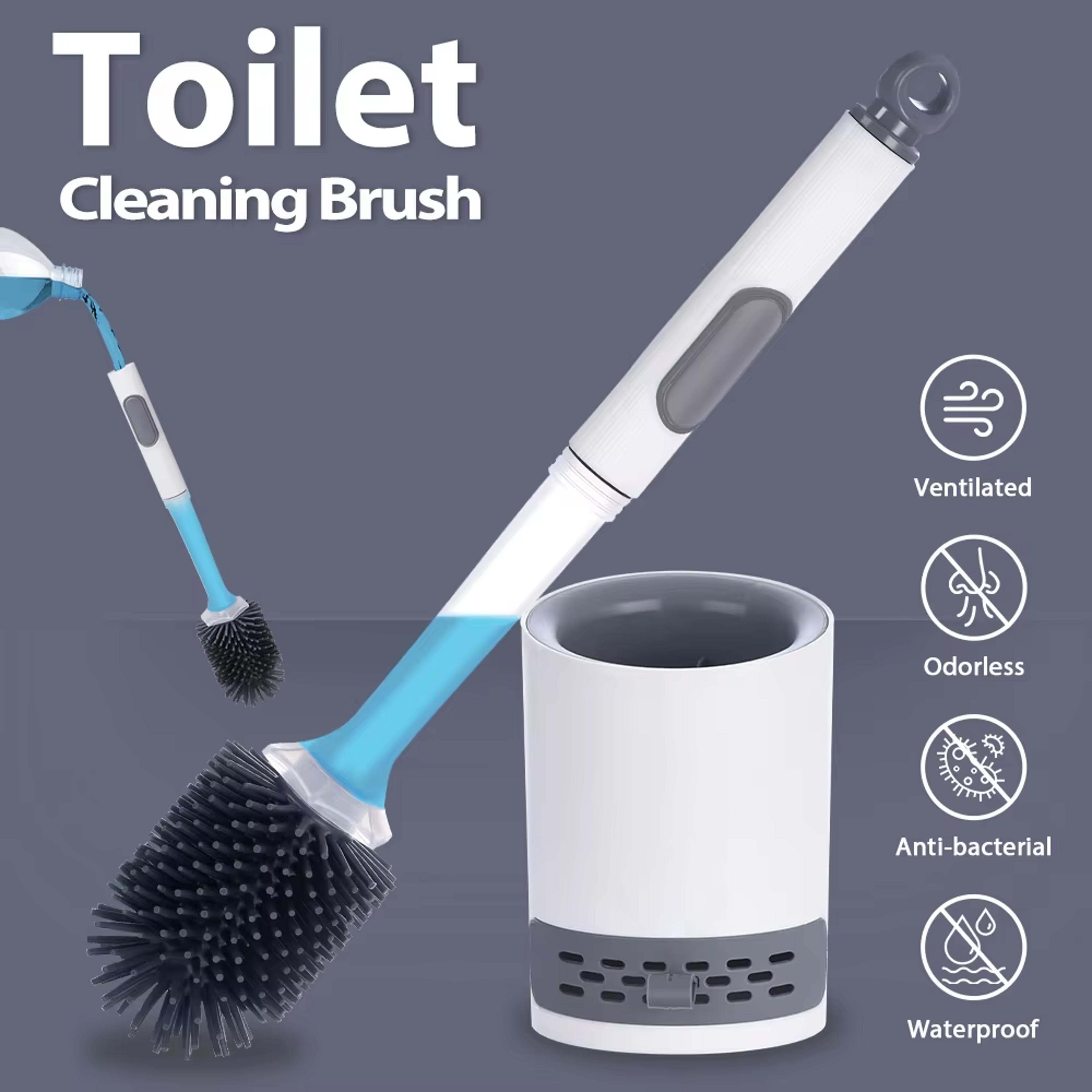 silicone toilet brush with water spray wall mounted holder & long handle bathroom cleaning brush