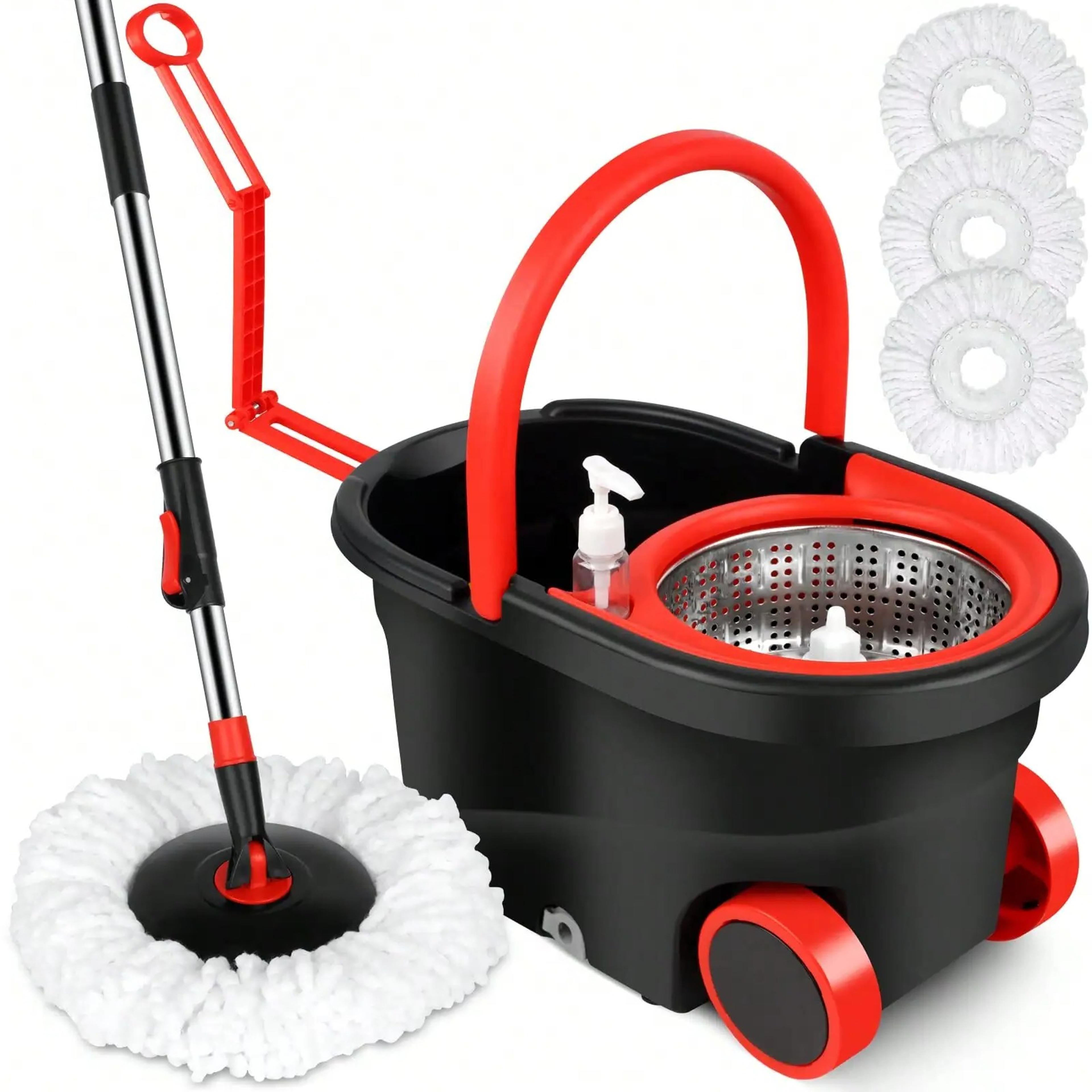 heavy duty spin mop bucket set with wringer, microfiber heads & adjustable handle