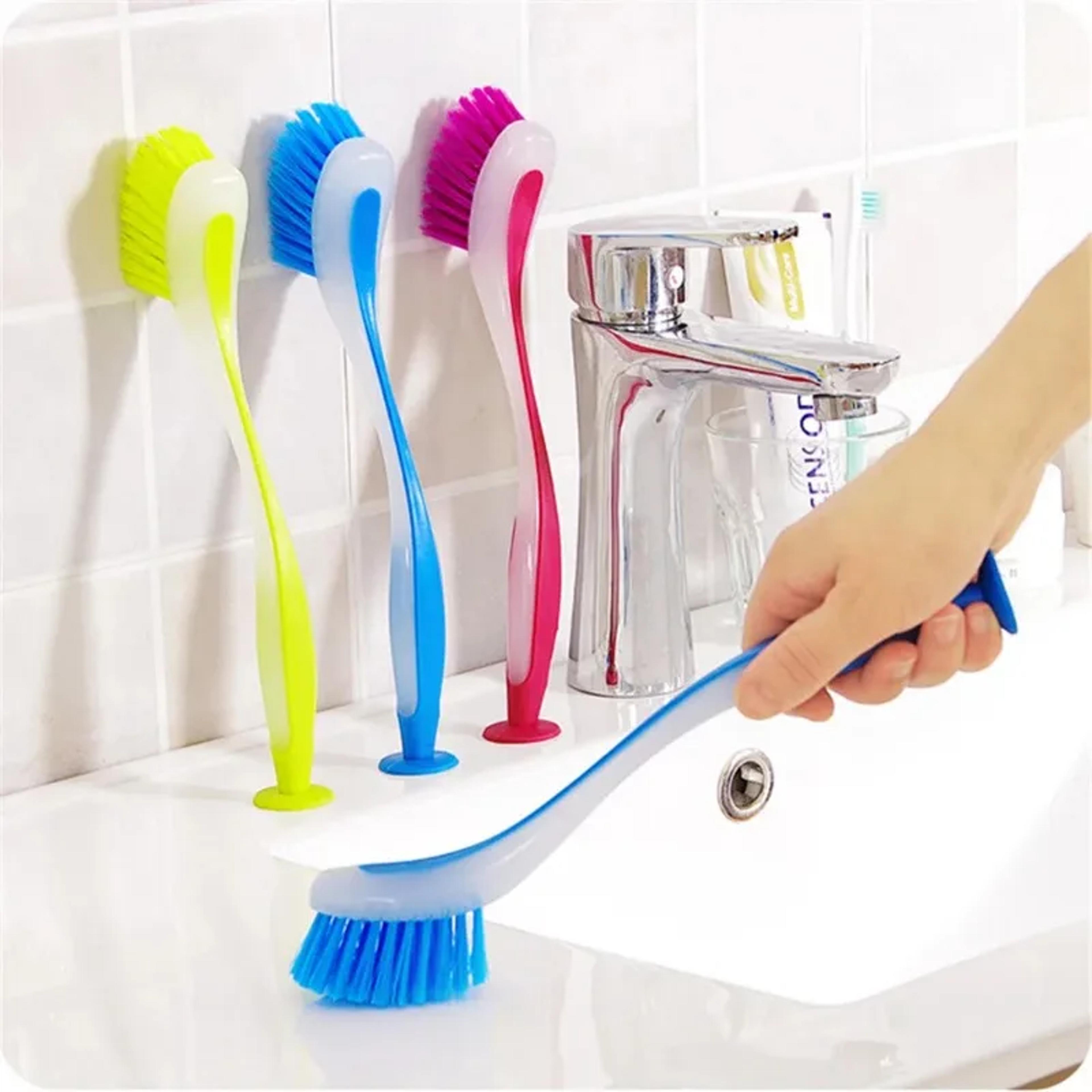vertical pot cleaning brush with suction cup base and long handle kitchen scrub brush