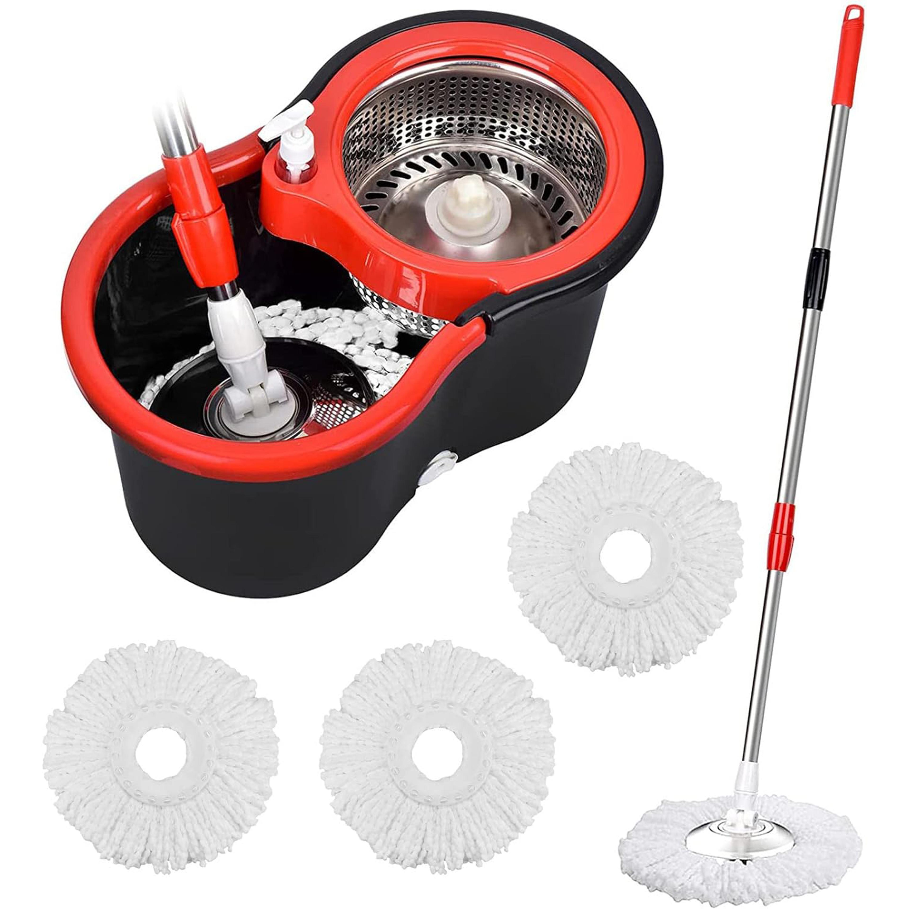 spin mop bucket with hands-free wringer & 3 microfiber heads floor cleaning system