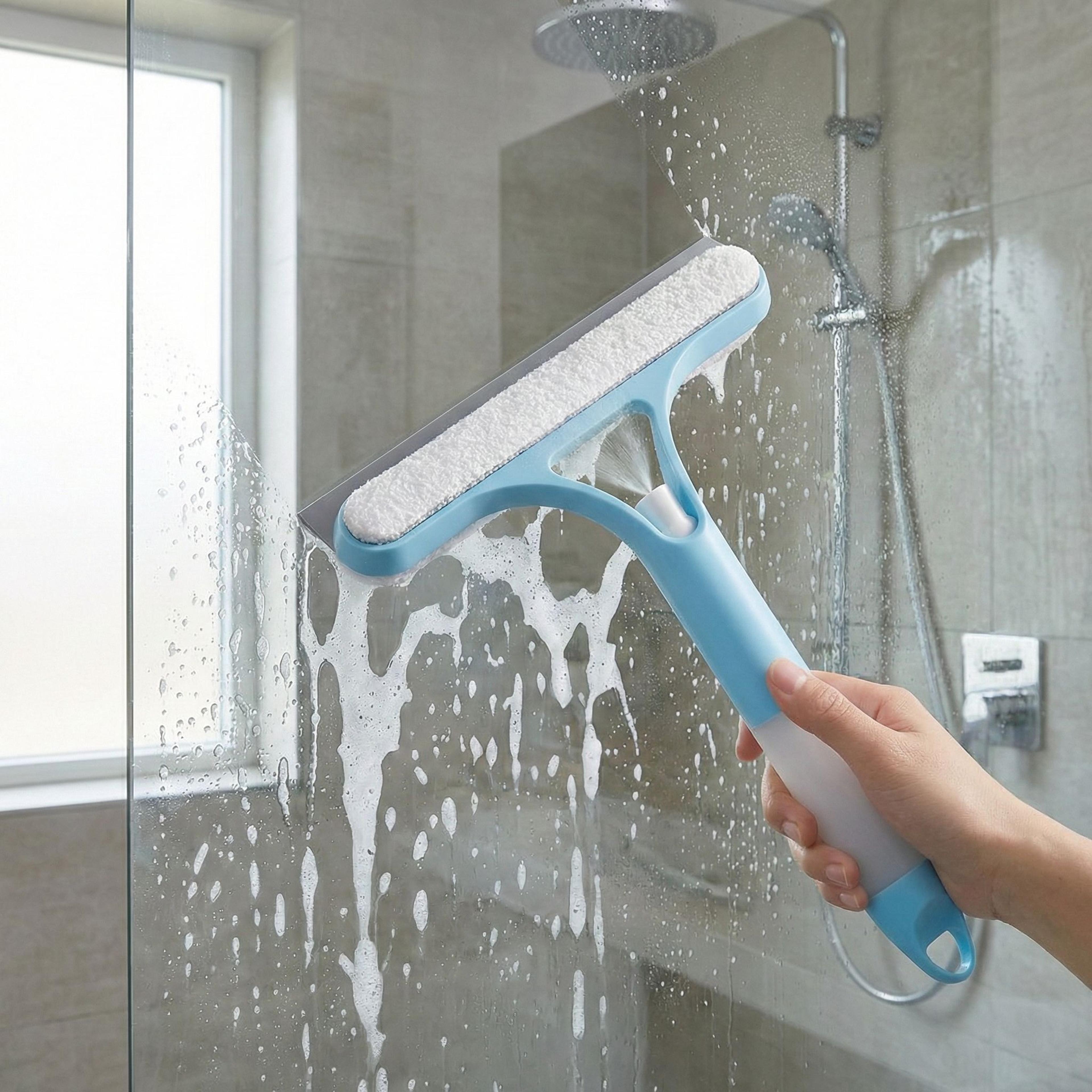 glass squeegee spray window cleaner with microfiber scrubber for cars, mirrors & shower doors