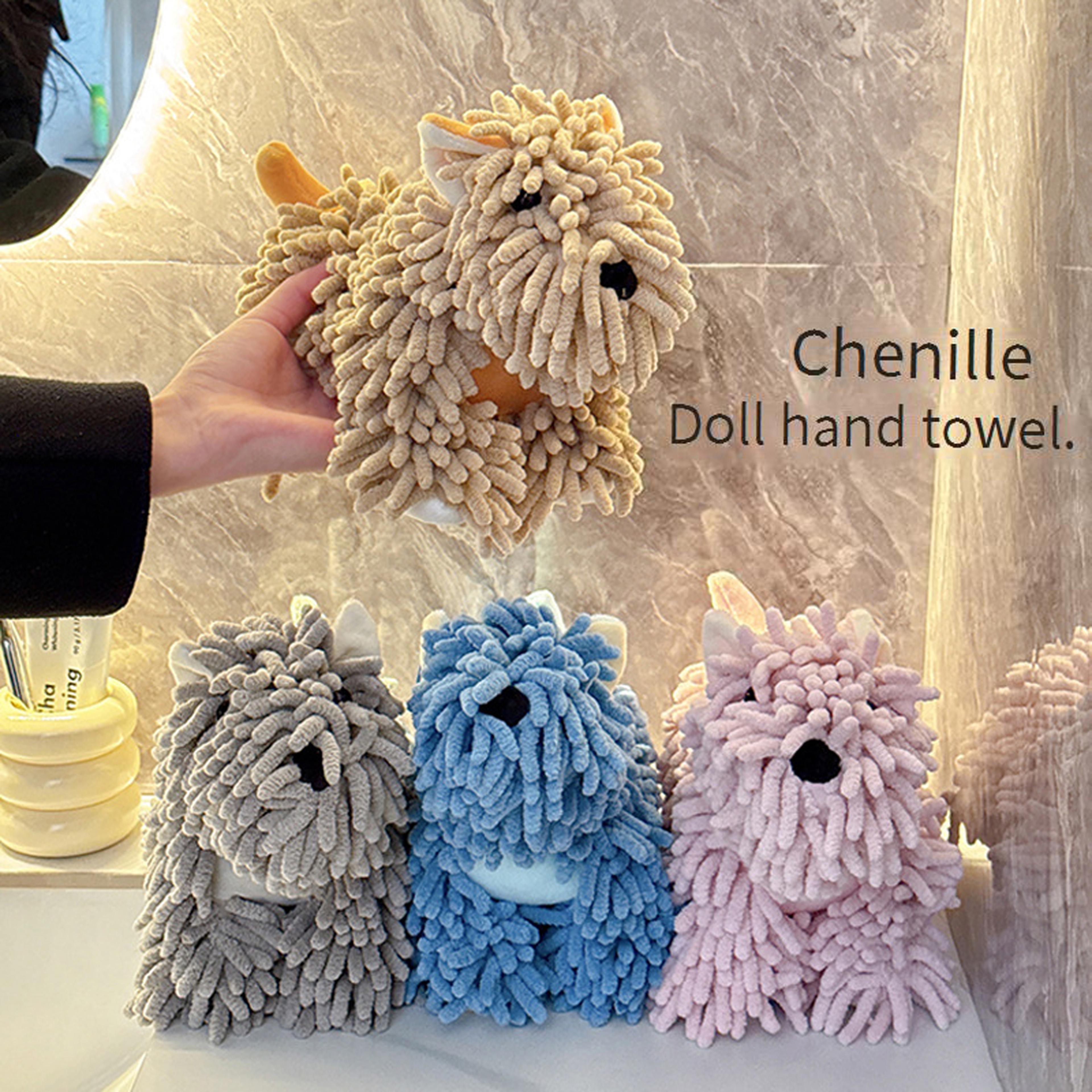 cute dog chenille hand towel with hanging loop for bathroom & kitchen