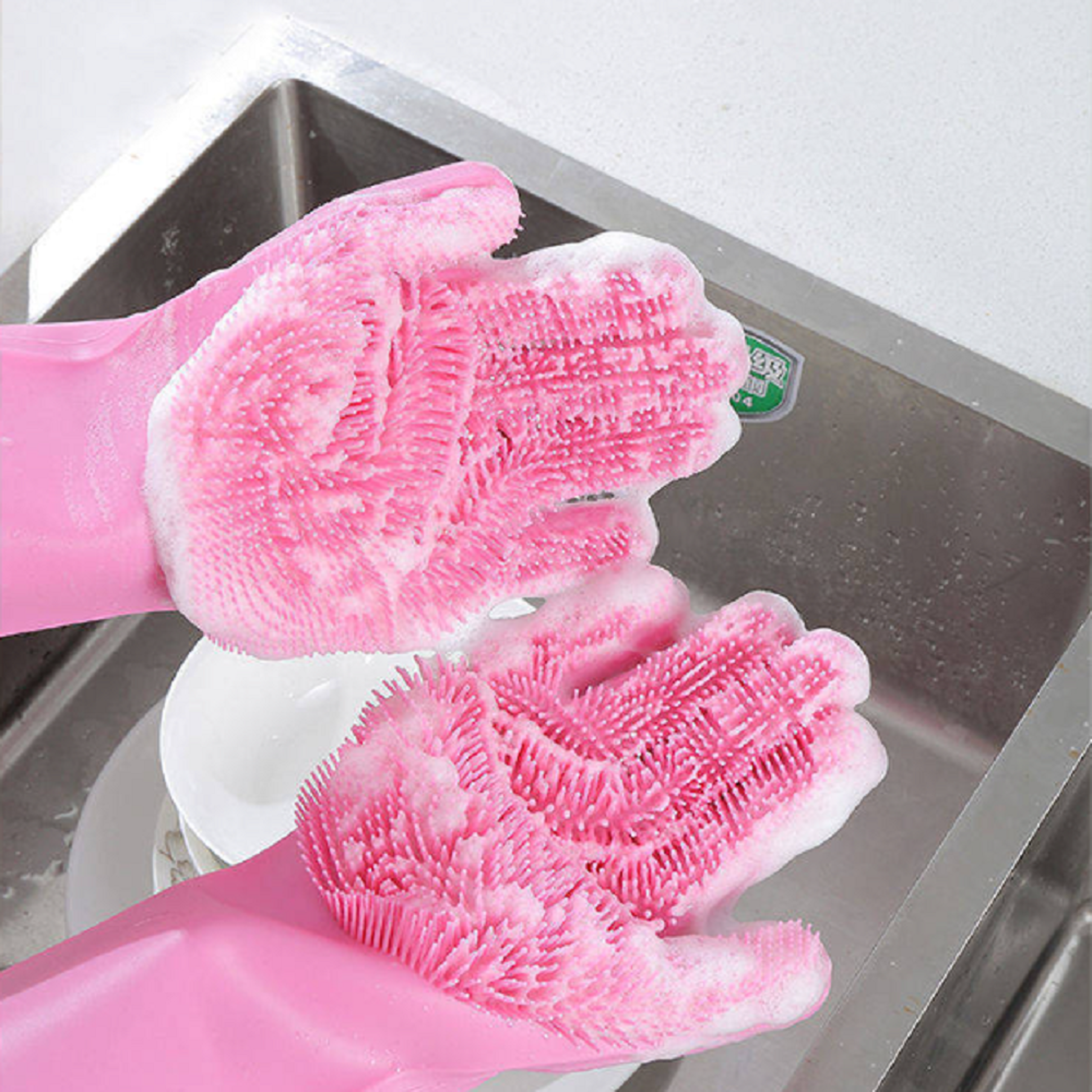 silicone dishwashing gloves with soft scrubbing bristles for kitchen cleaning & pet bathing