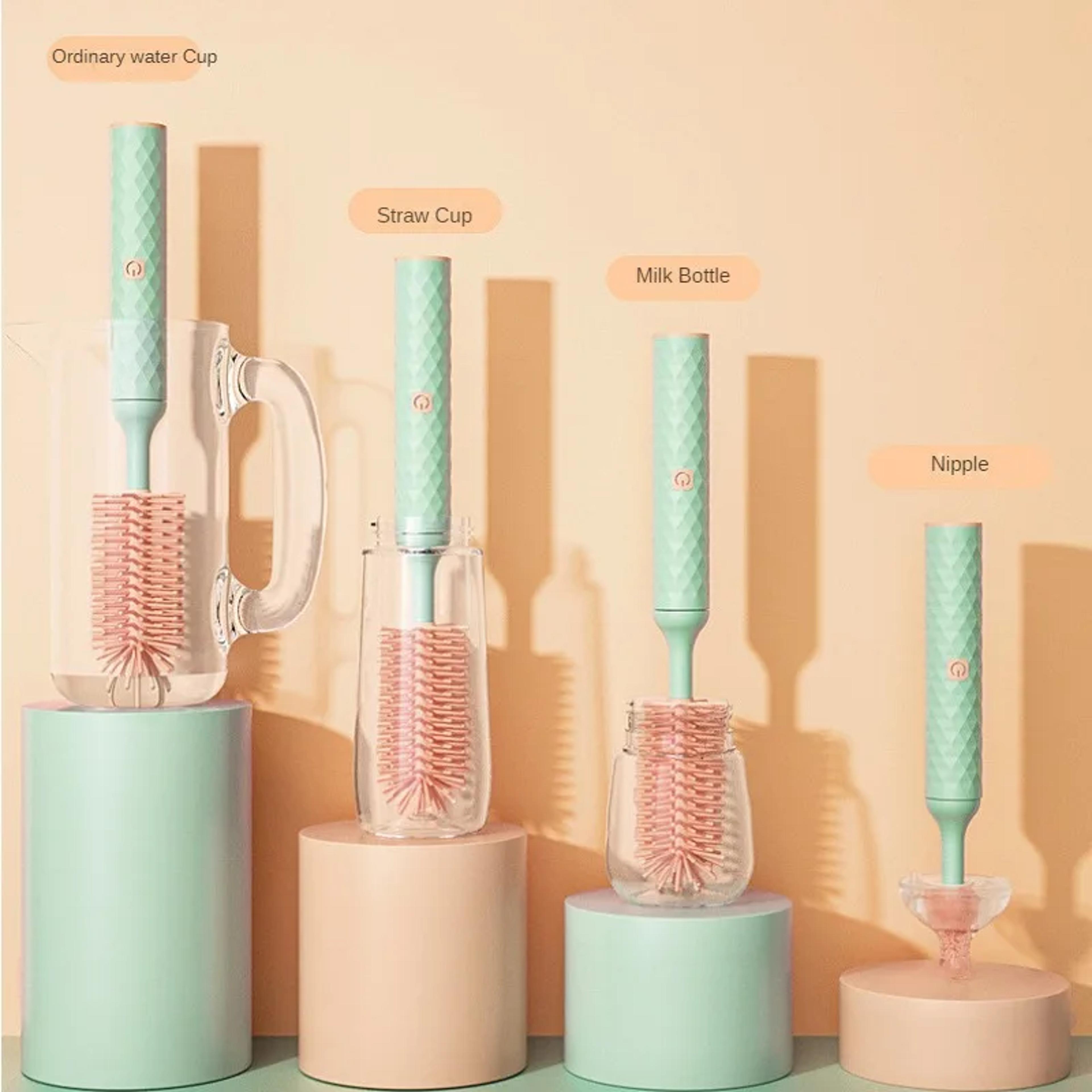 electric bottle brush set with silicone heads for baby bottles, pacifiers & straws