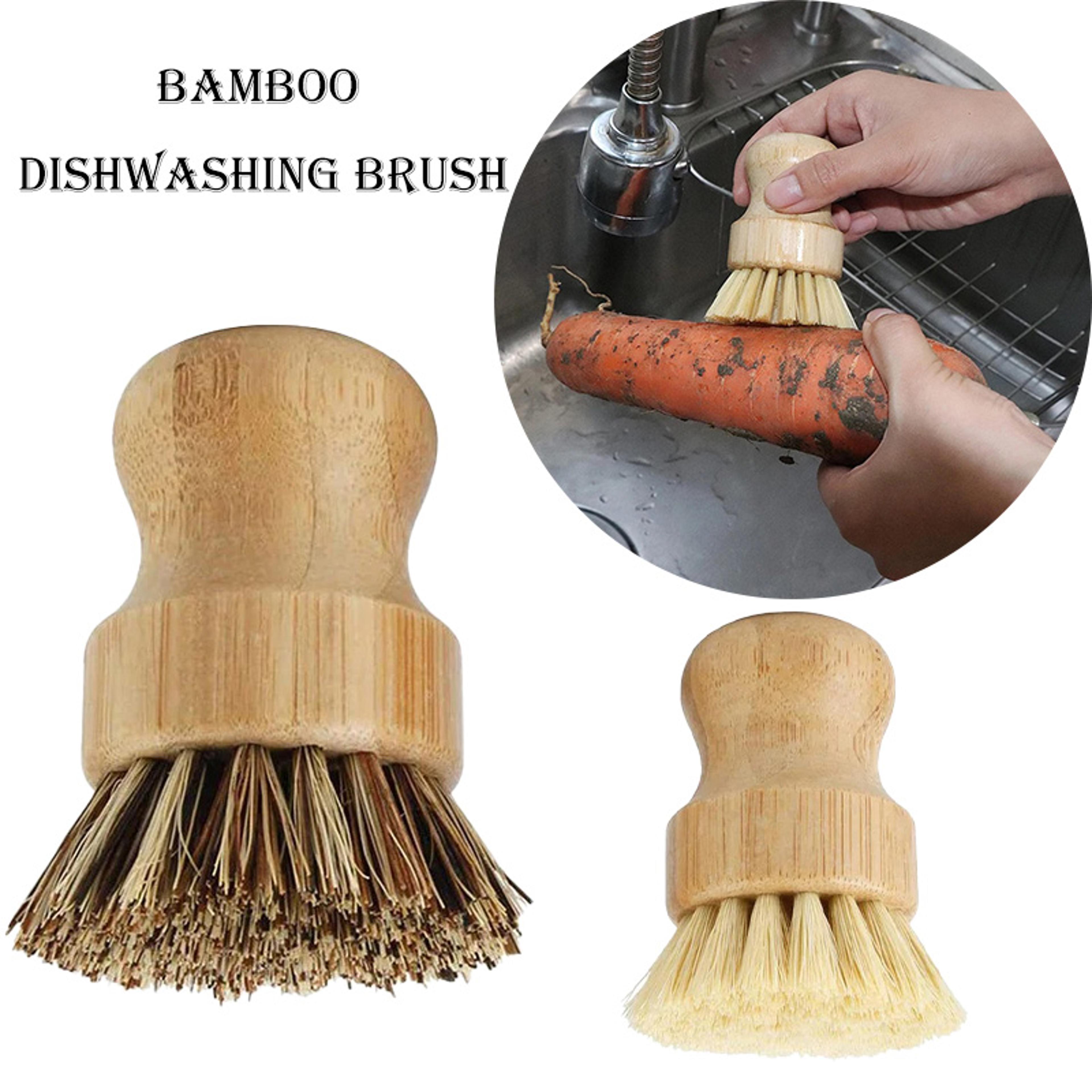 ecoclean bamboo dish brush with natural sisal bristles for cast iron, pots, pans & produce