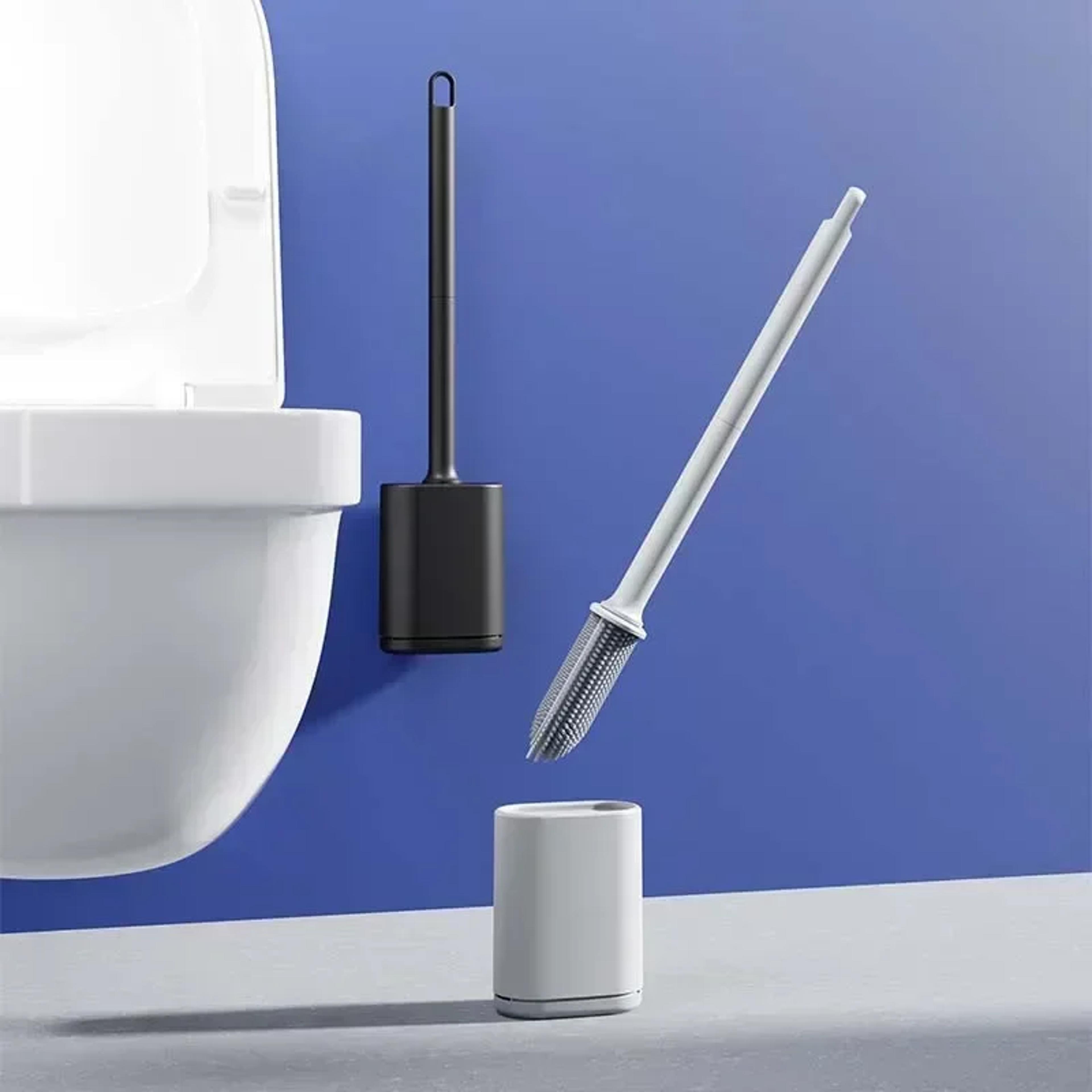 luxury silicone toilet brush with long handle & quick drying holder for deep bathroom cleaning