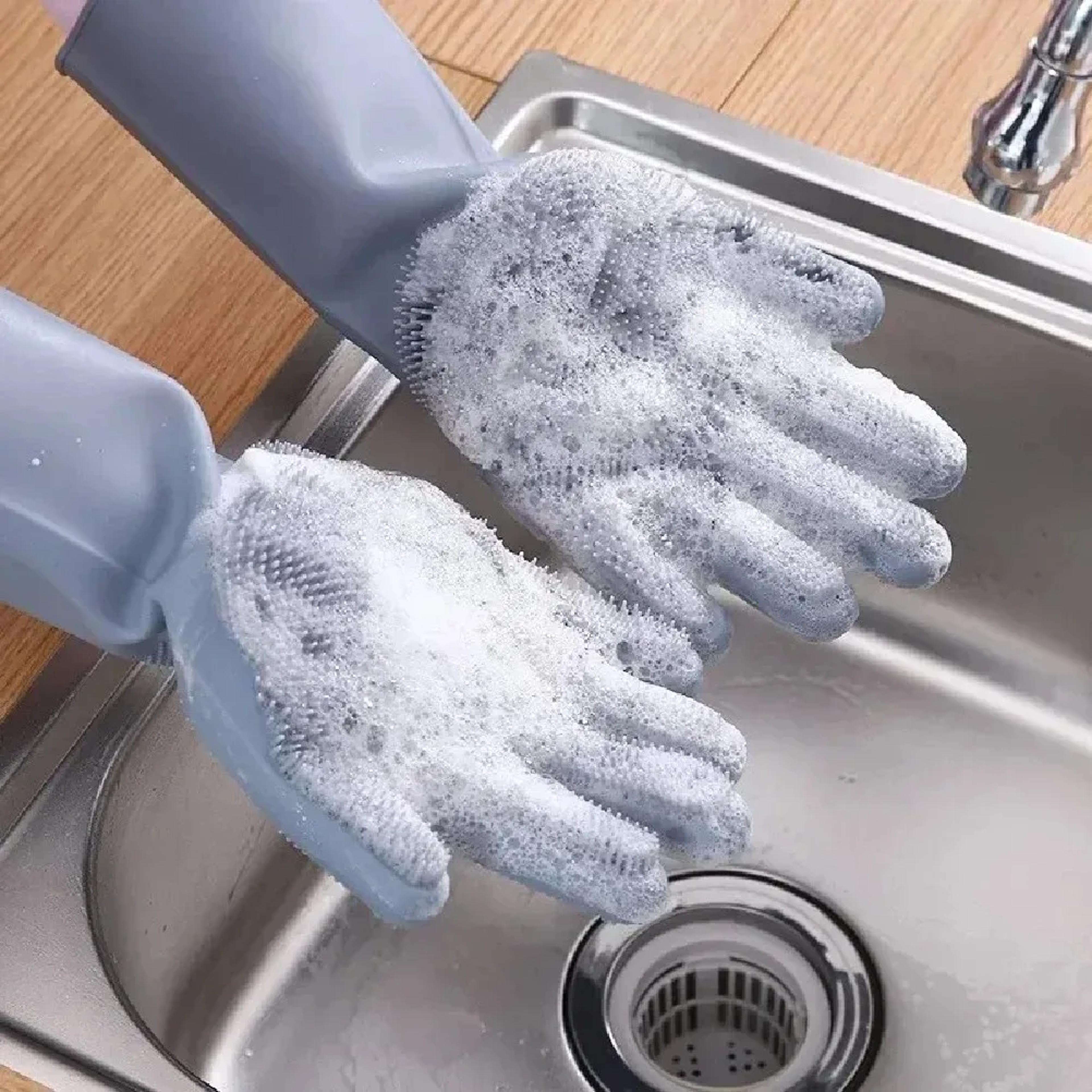 magic silicone dishwashing gloves with built in scrubber for kitchen & household cleaning