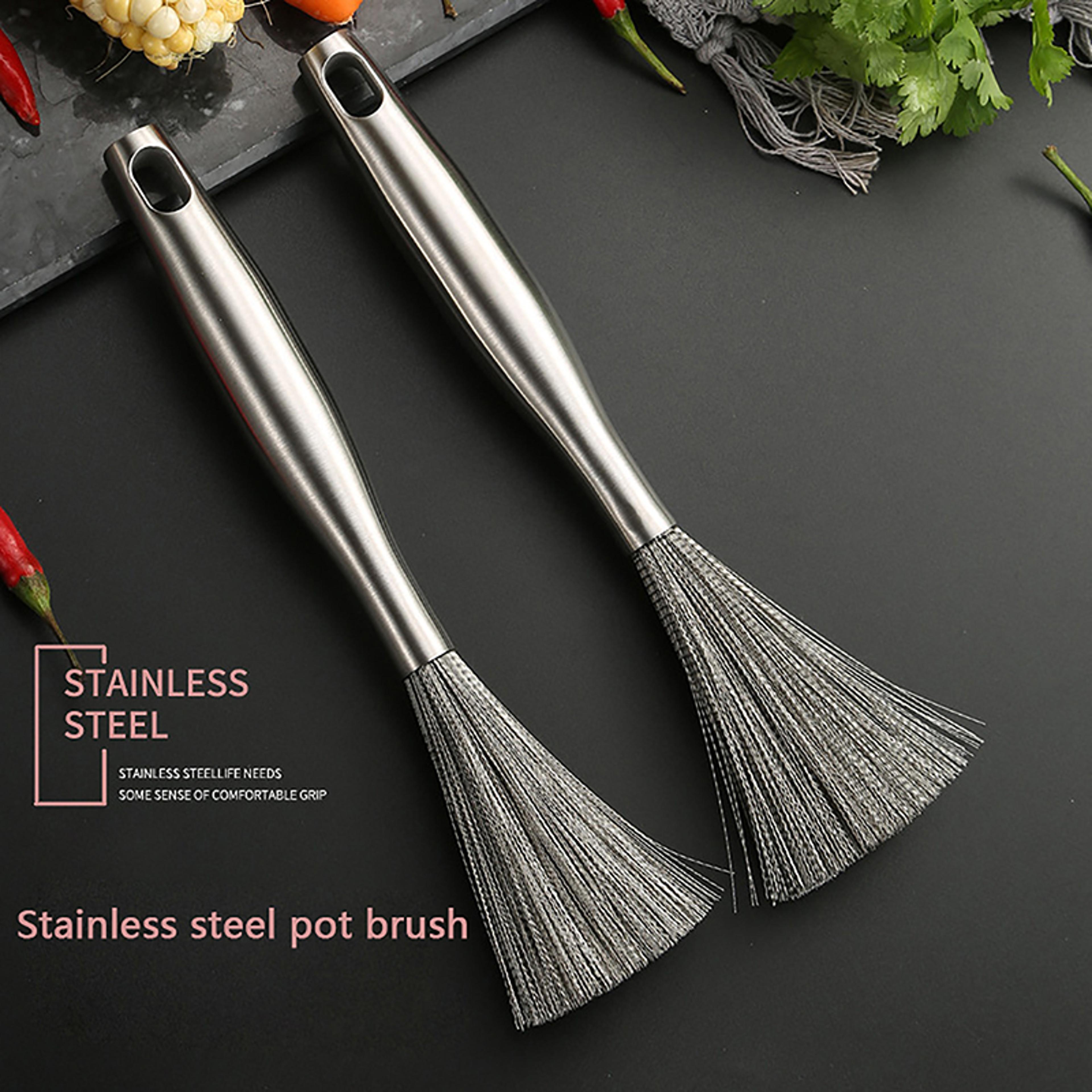 stainless steel pan brush with long handle heavy duty kitchen cleaning brush for pots, pans & dishes