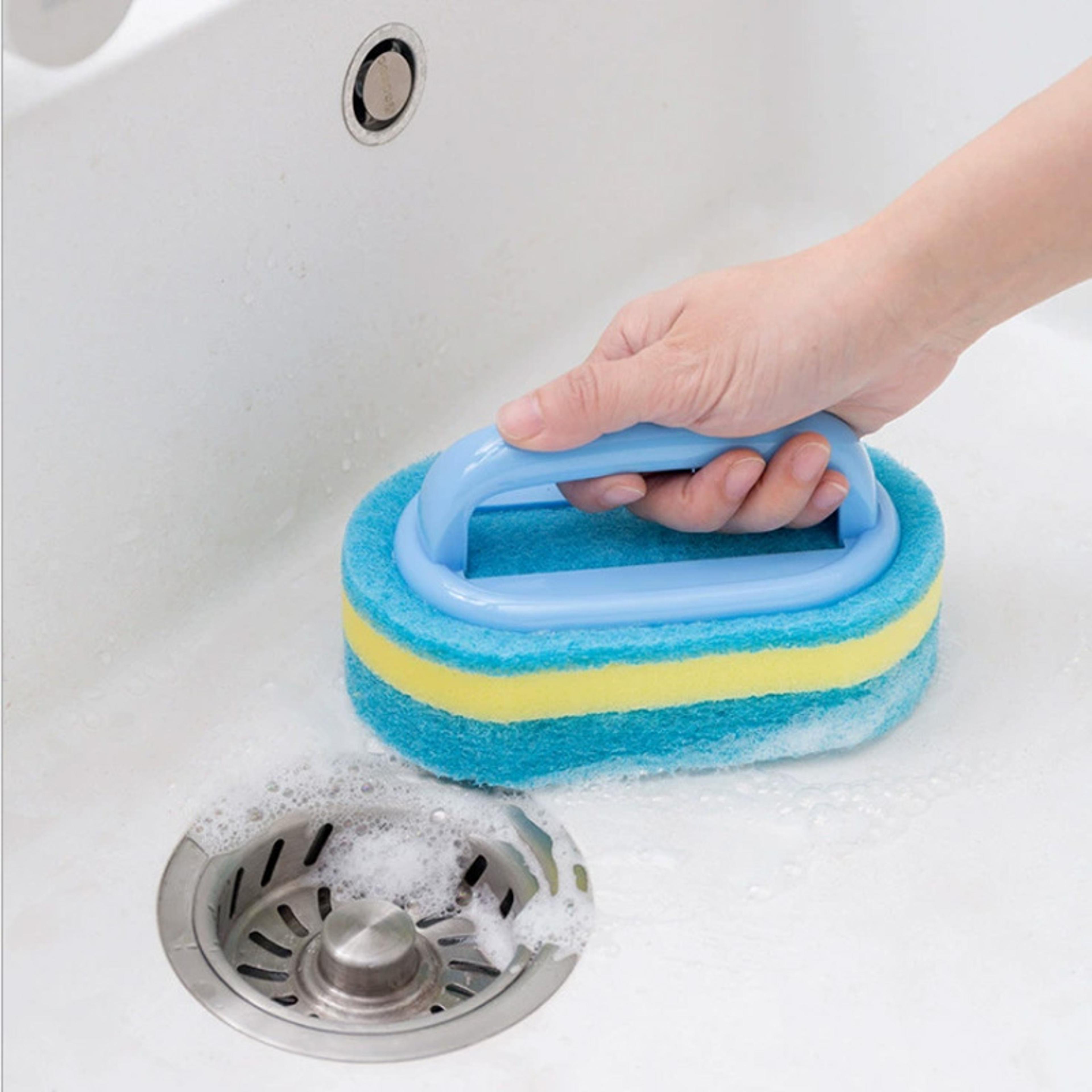 dual color kitchen cleaning sponge brush with ergonomic handle for kitchen & bathroom