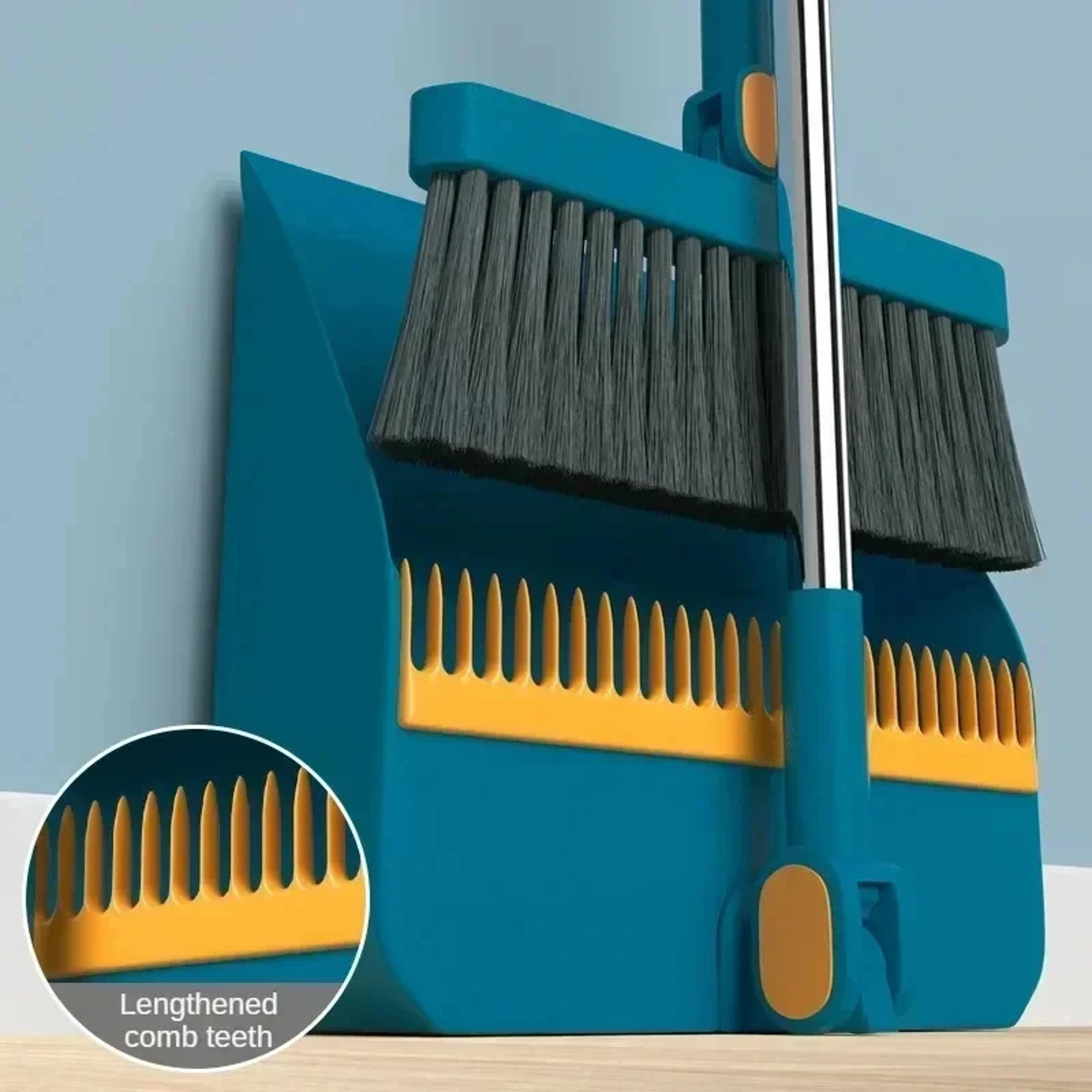 space saving broom and dustpan set with long handle folding dustpan and self cleaning teeth