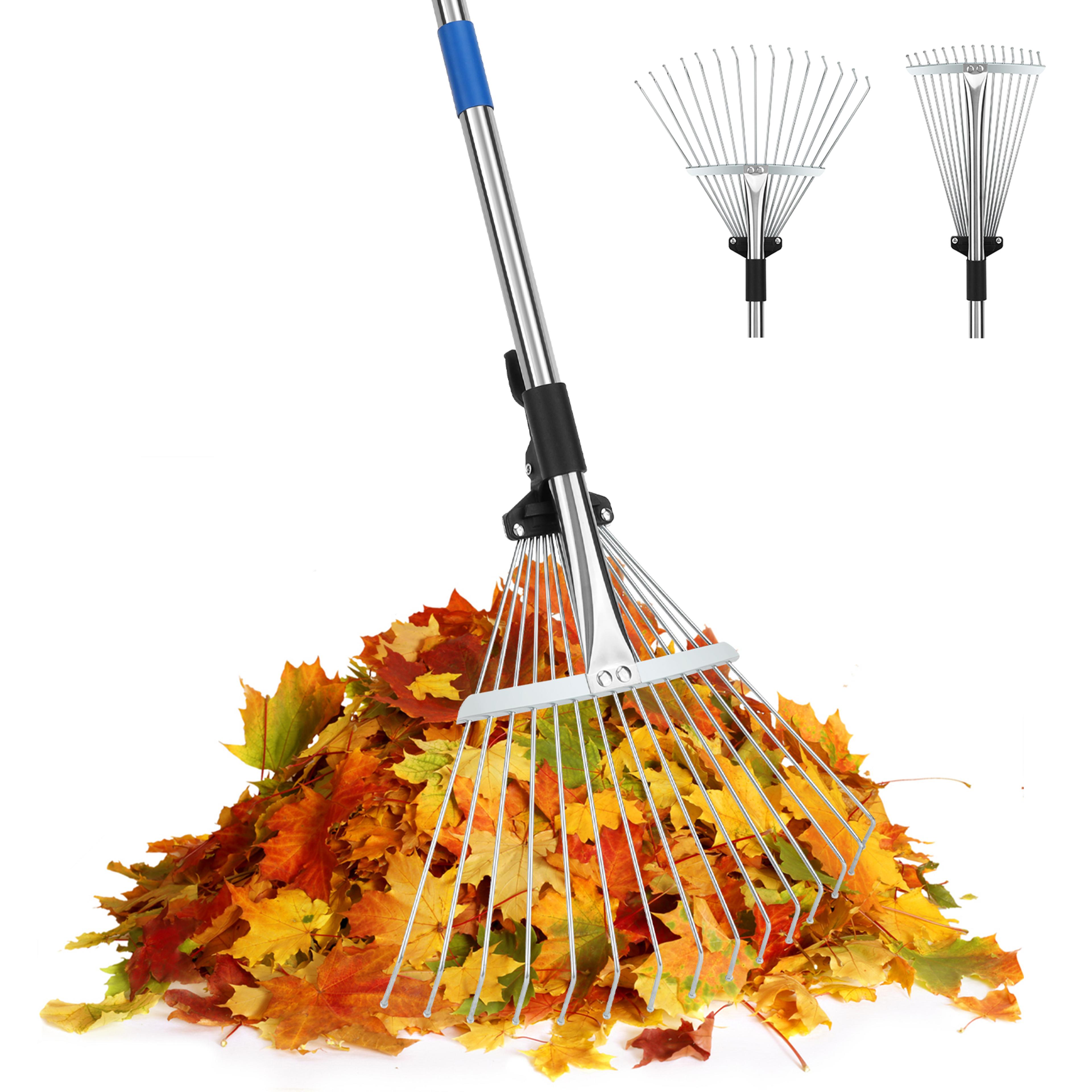 metal garden rake with adjustable handle for lawn, leaf & thatch cleanup