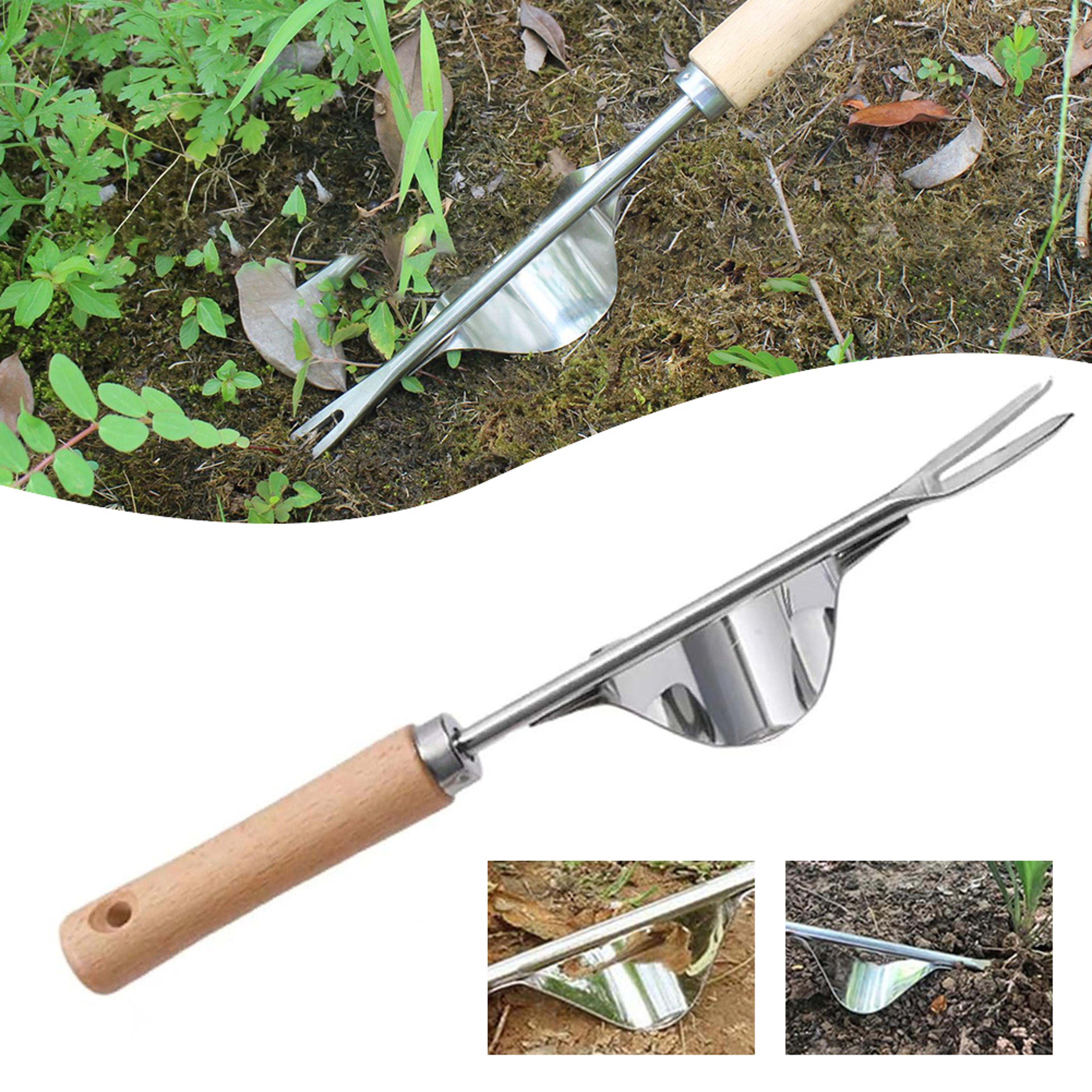 heavy duty manual weed remover with v shaped fork long handle garden weeder tool for root removal