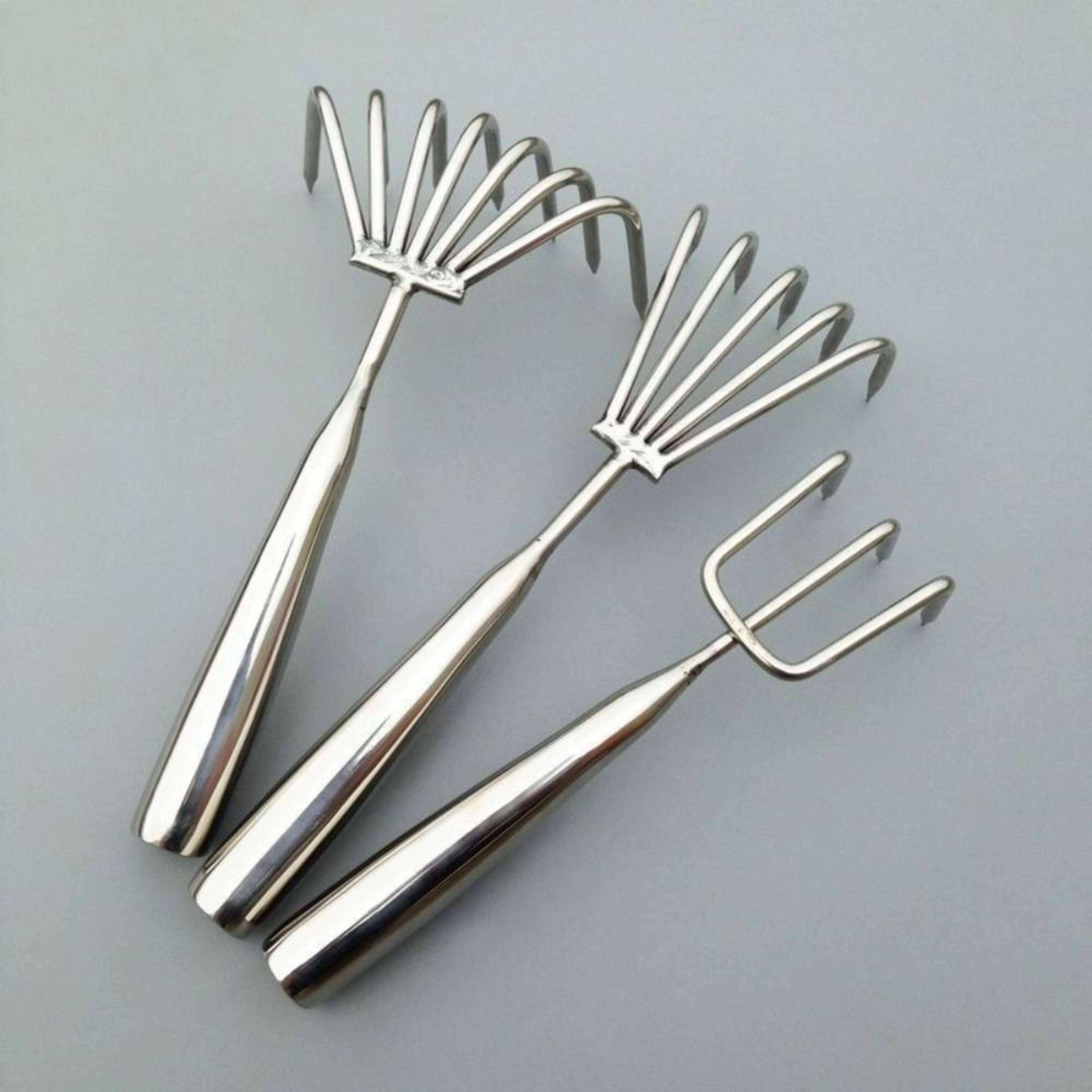 stainless steel garden hand rake for weeding, leaf removal & soil loosening with claws
