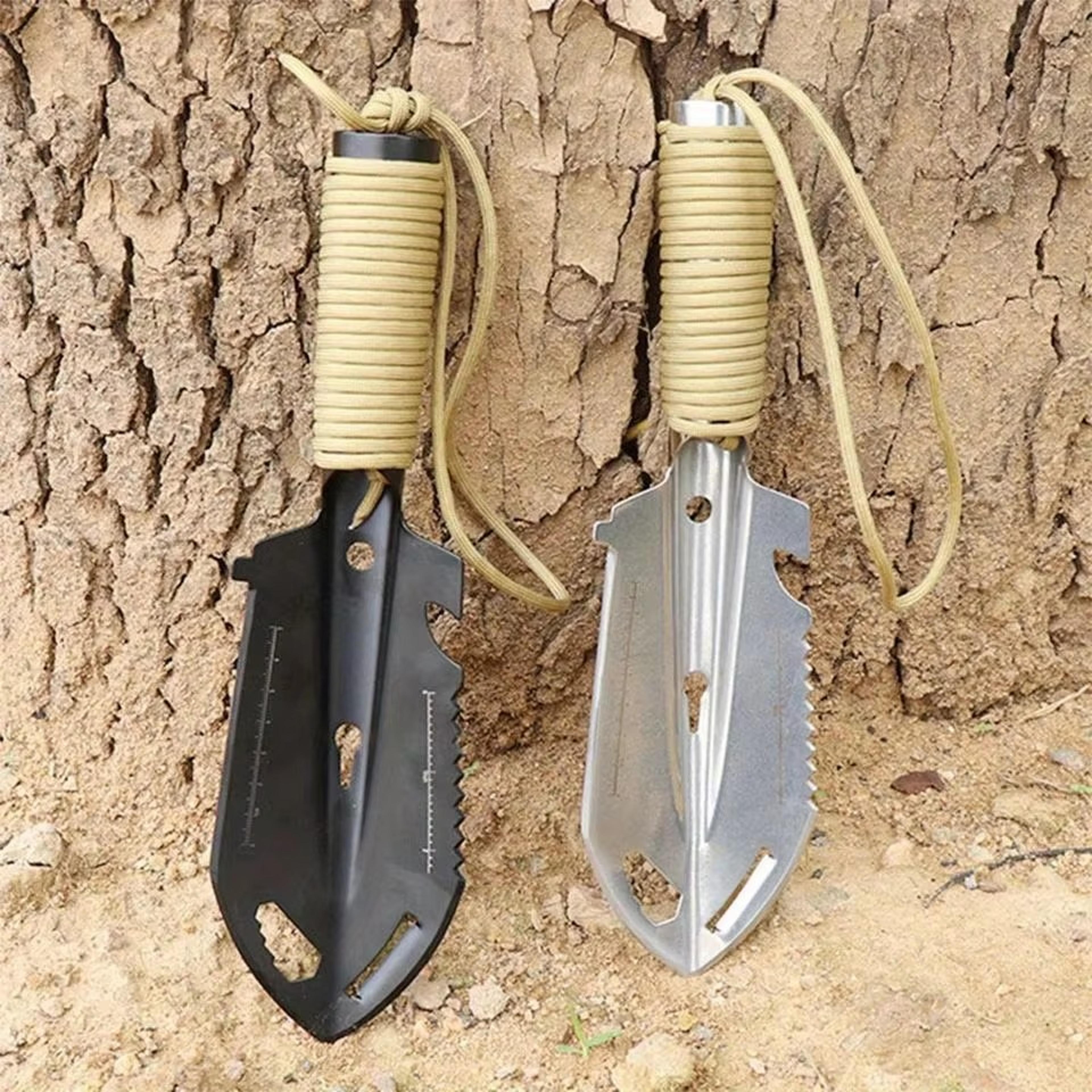 compact camping shovel multitool hand trowel with wrapped grip for survival, hiking & outdoor digging