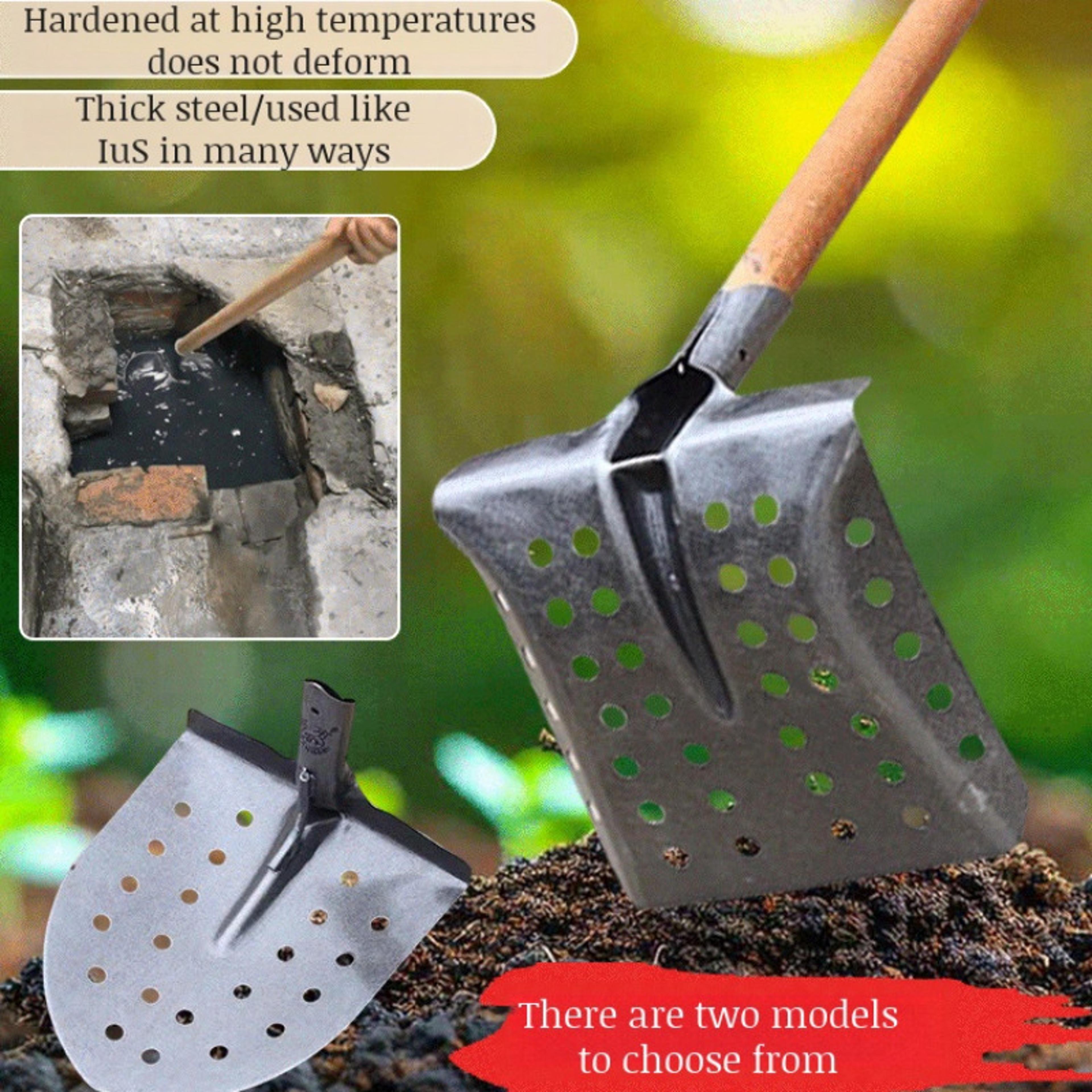 heavy duty drain cleaning shovel with manganese steel perforated scoop for sewer, ditch & sludge removal