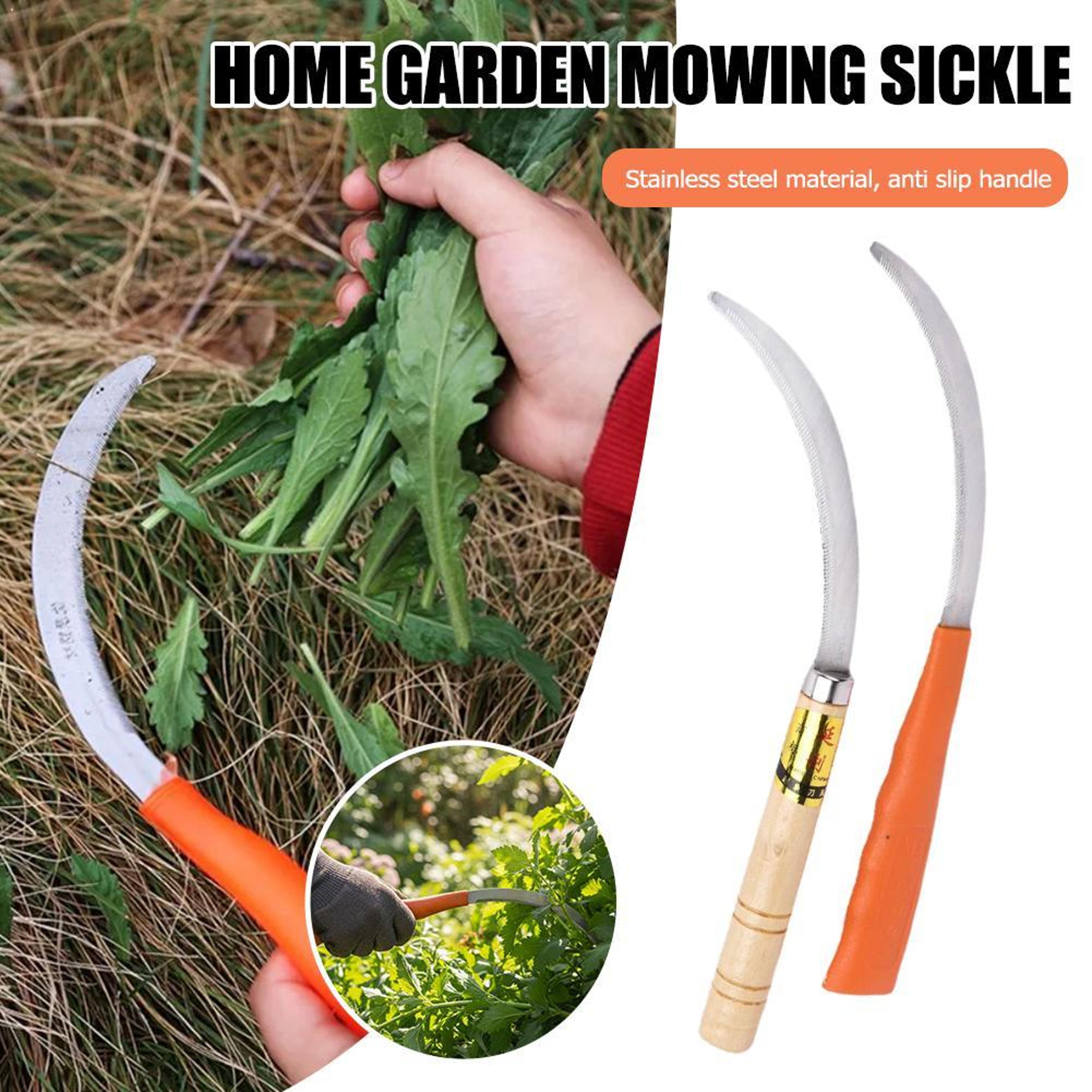 stainless steel weeding sickle with wooden handle serrated garden weeding tool for lawn & patio care