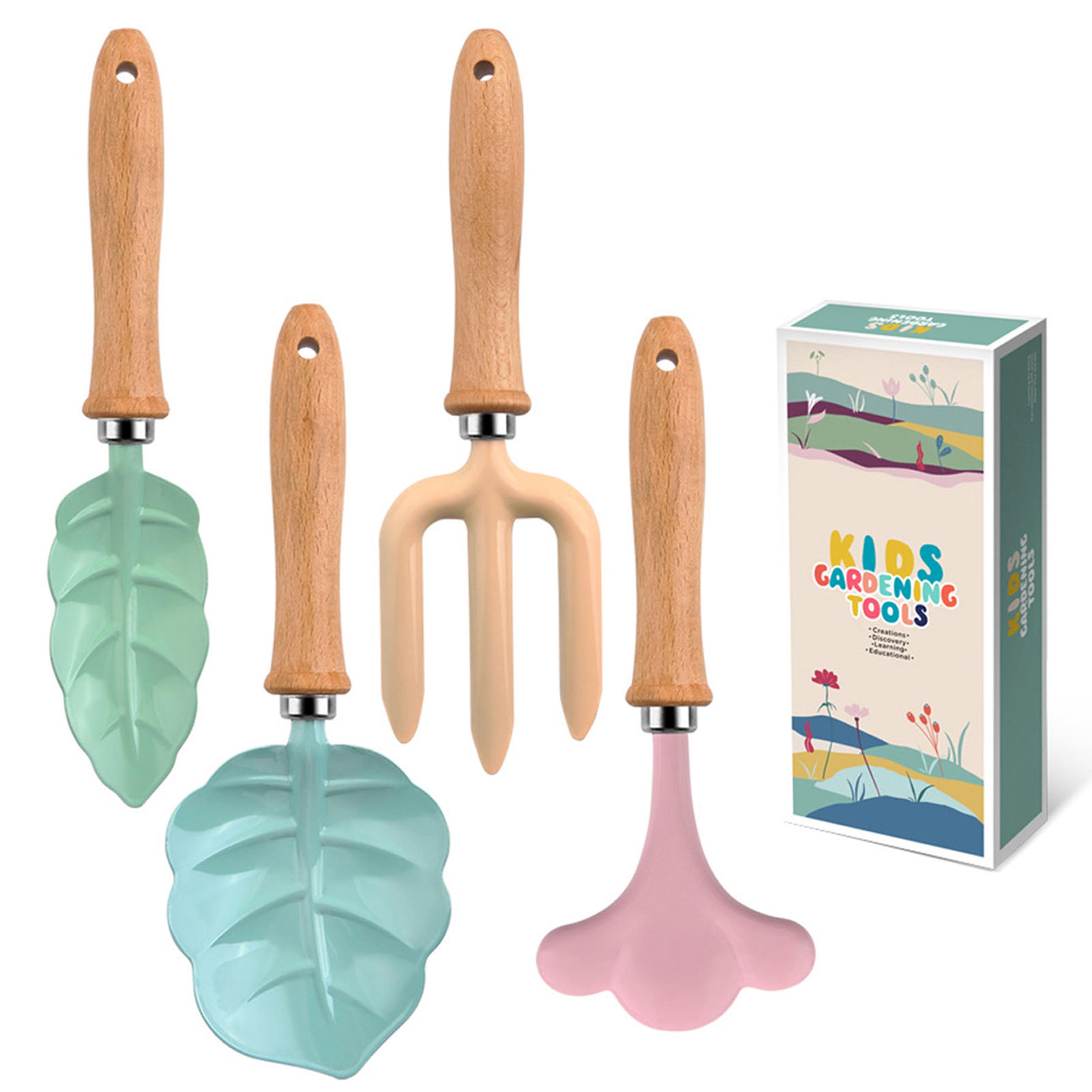 little gardener kids gardening tool set with wooden handle shovel, rake & fork for outdoor learning