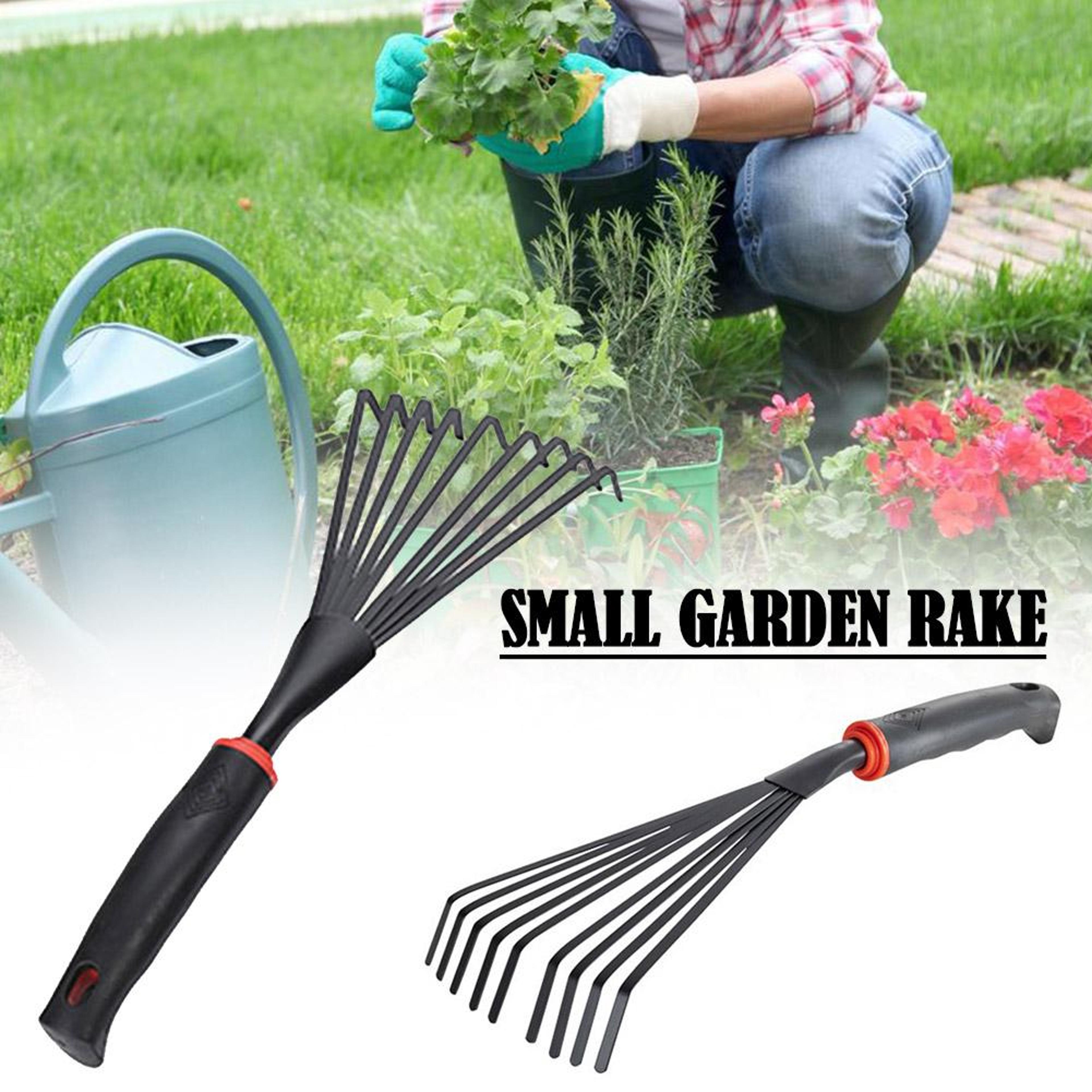 steel hand garden rake for weeding, soil loosening & flower bed gardening