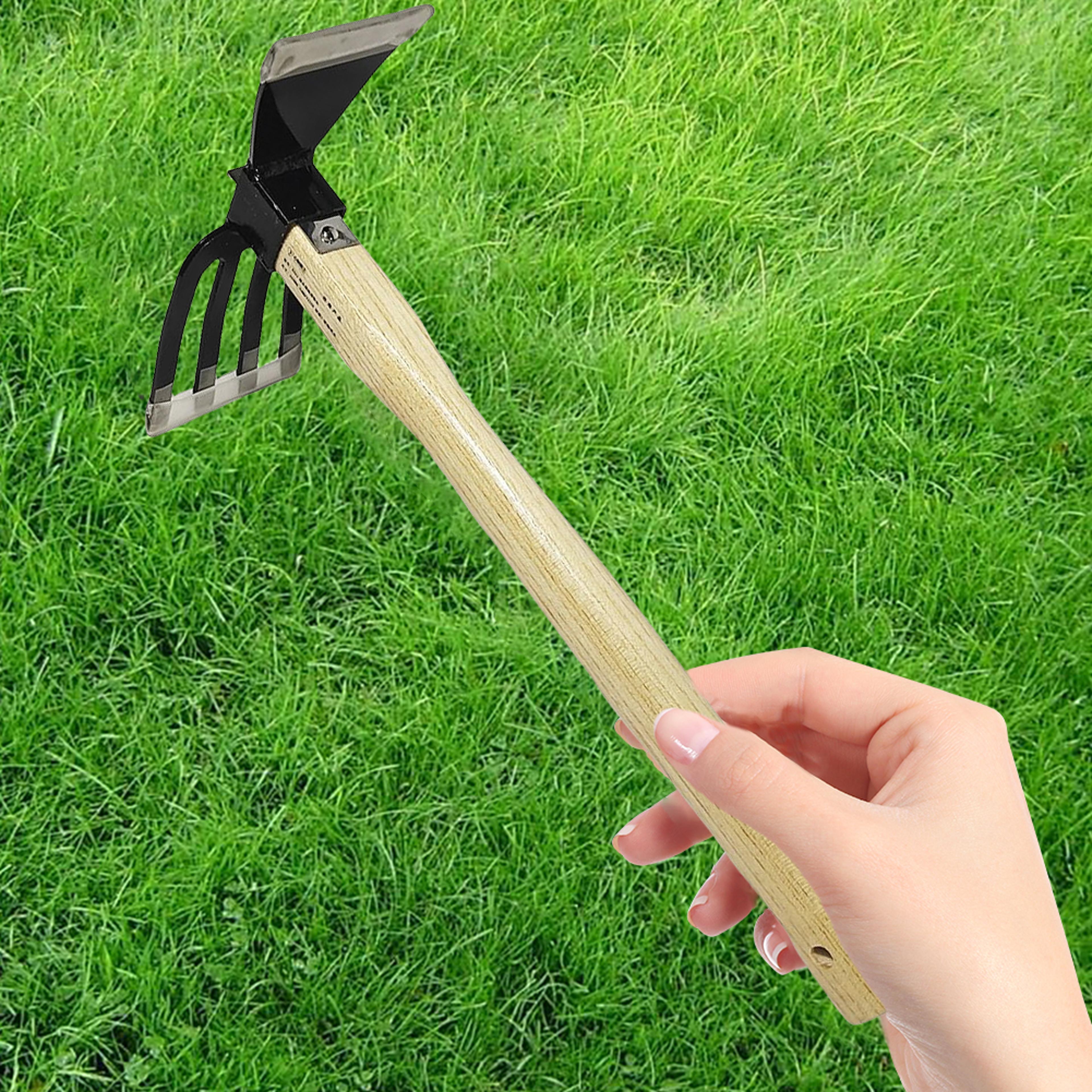 hand garden cultivator & garden hoe with wooden handle for weeding, digging & soil loosening