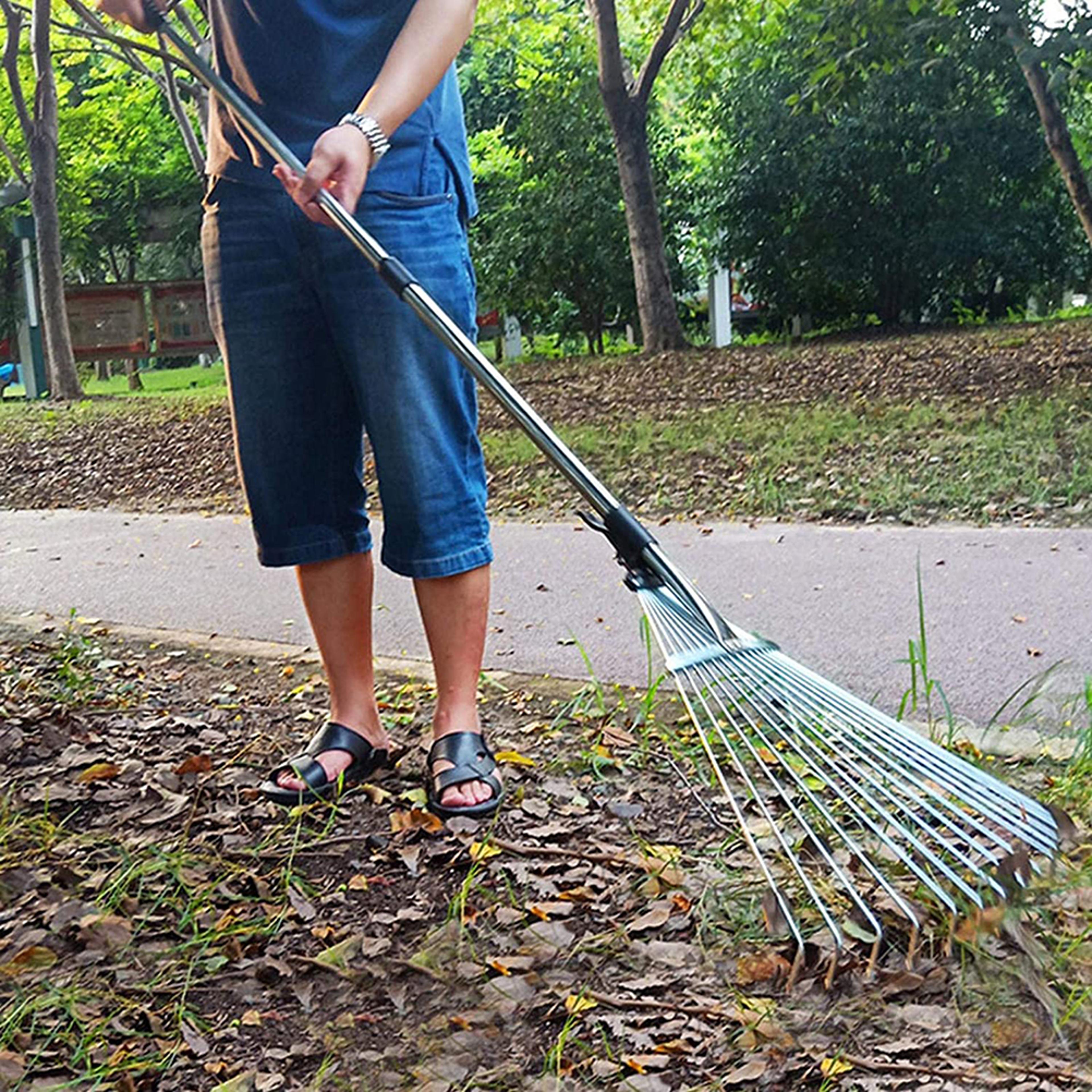 adjustable garden rake with telescopic handle multi tooth metal leaf rake for lawn & yard cleanup