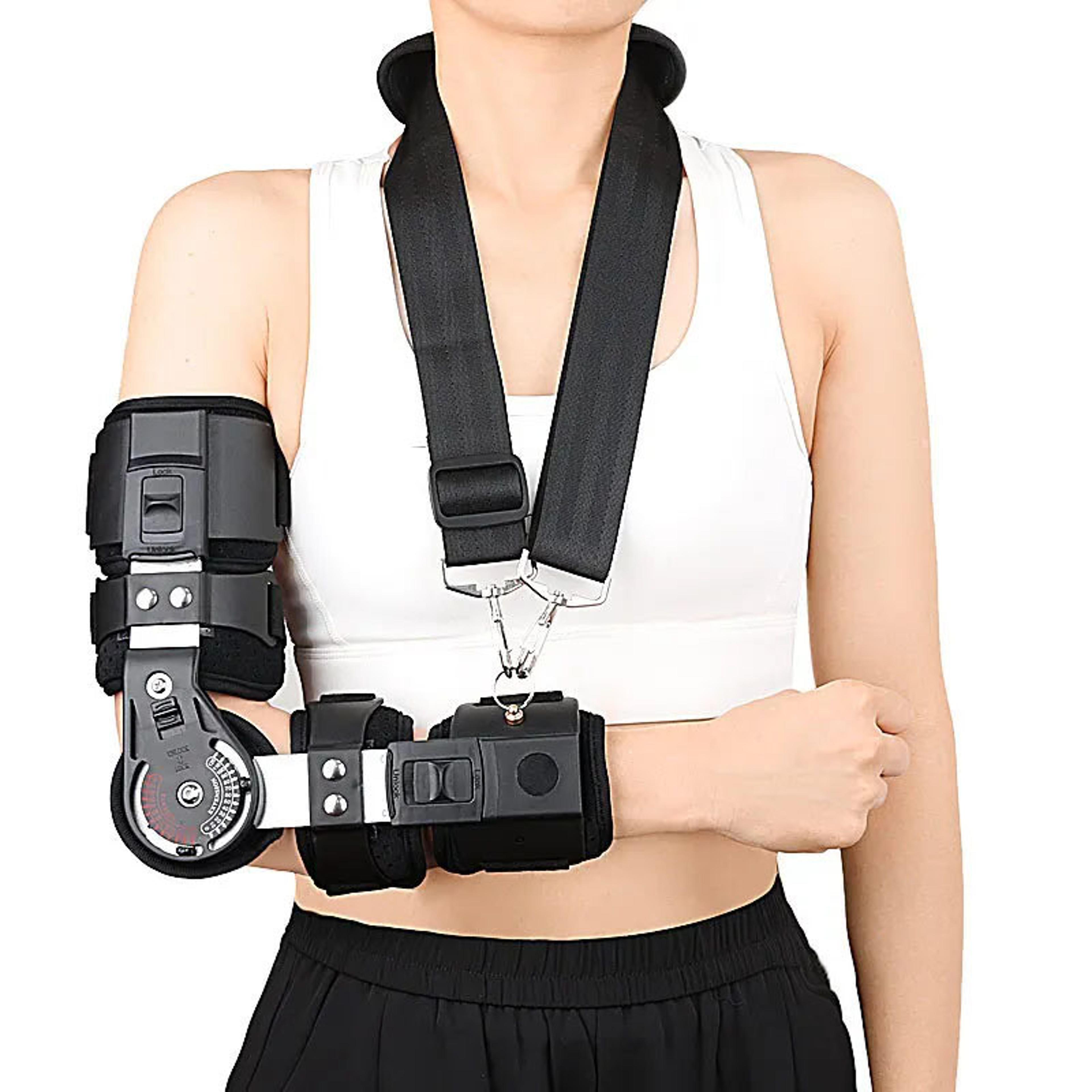 rom hinged elbow brace with shoulder sling adjustable elbow support brace for injury recovery and stabilization