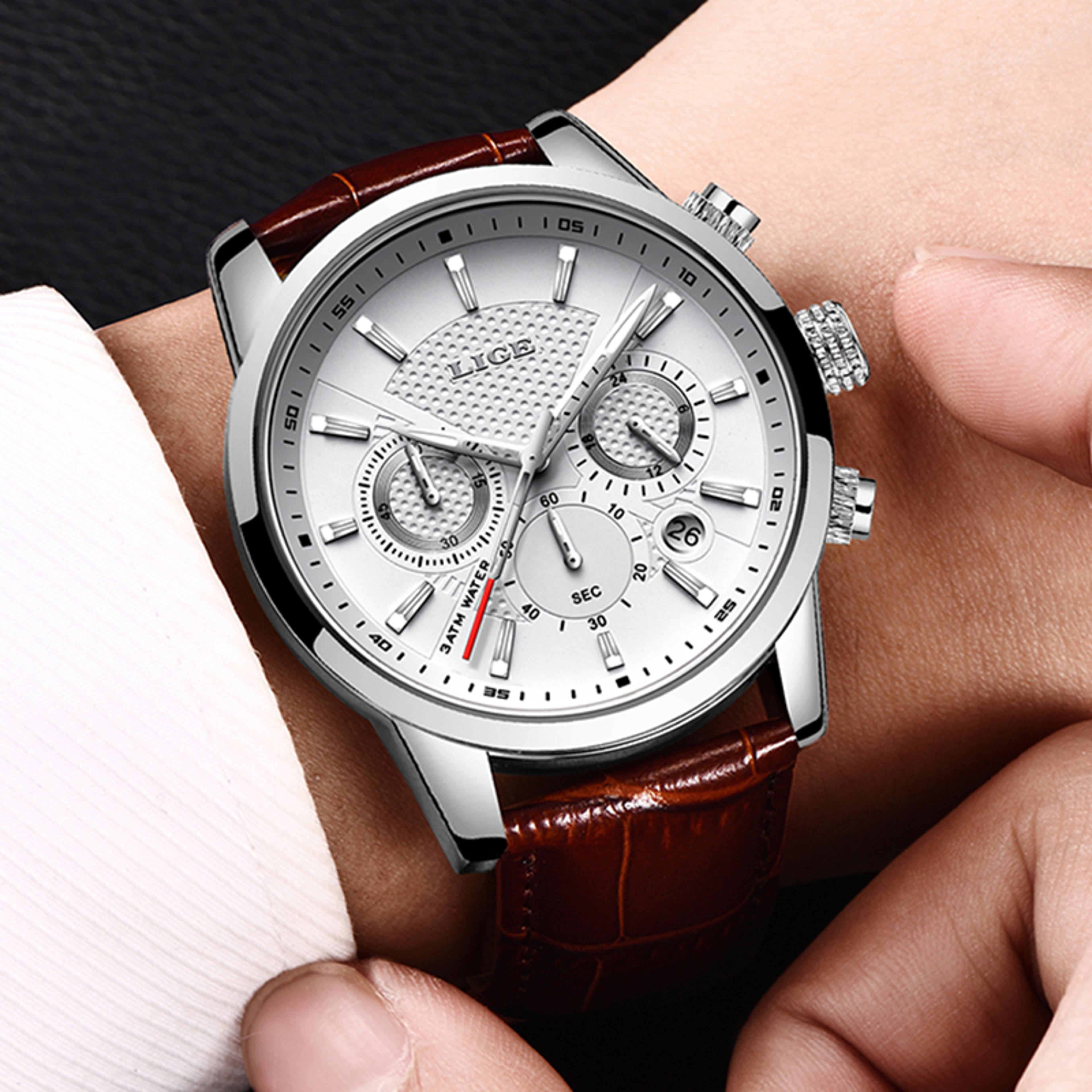 men's military chronograph leather watch quartz sport wristwatch with date display and water resistance