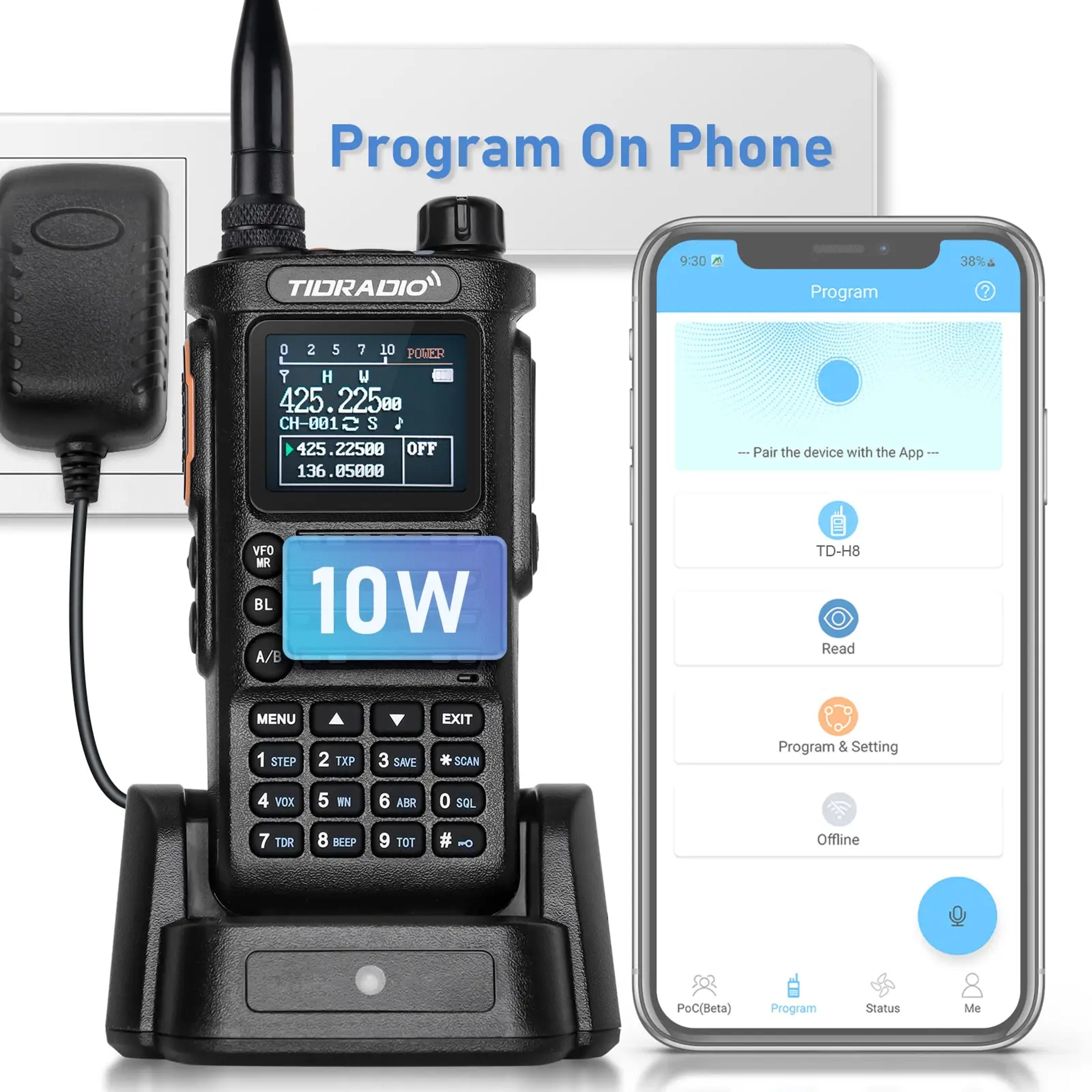 long range walkie talkie rechargeable dual band two way radio with wireless programming & large color screen