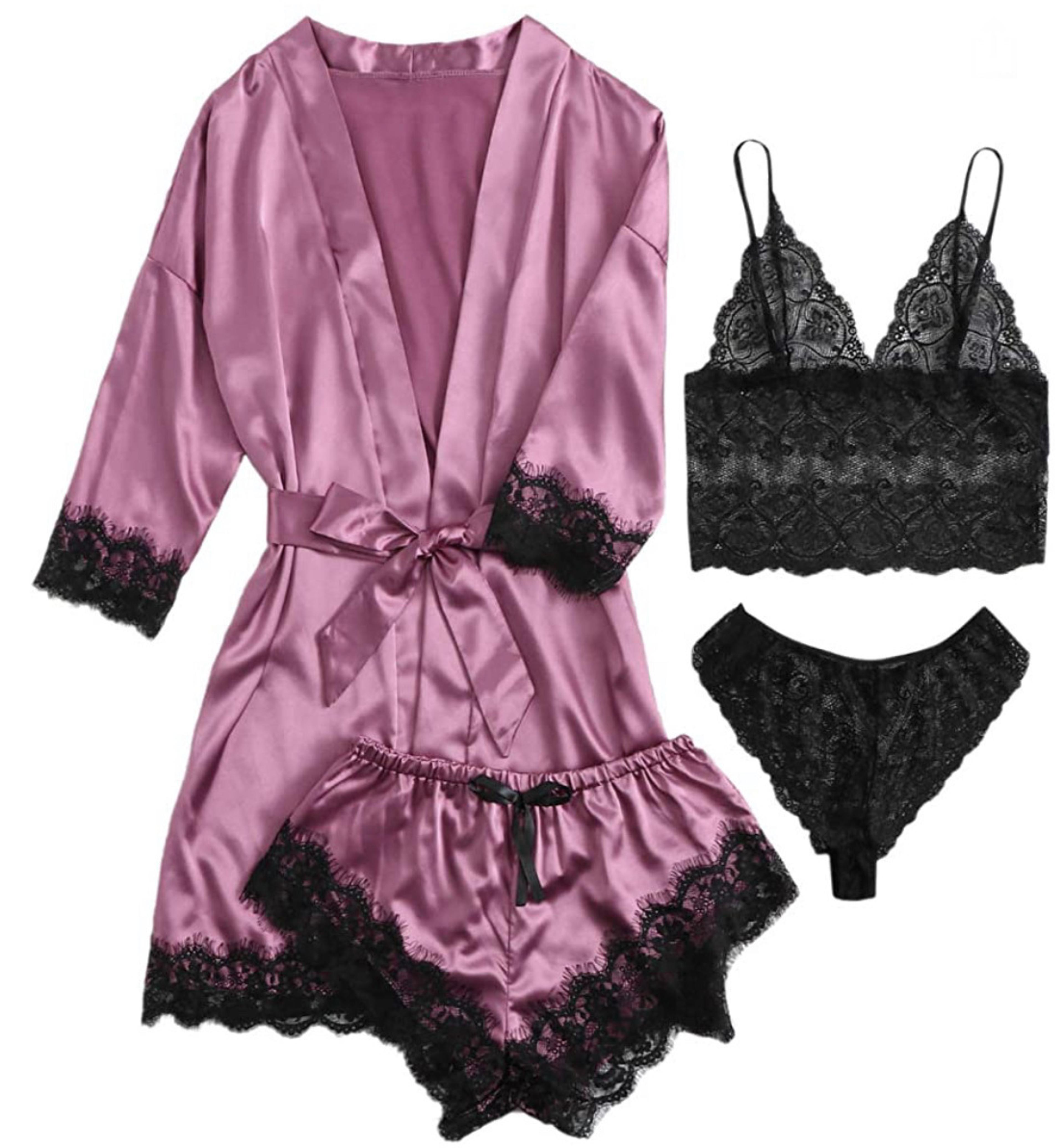 satin lace pajama set for women 4 piece sleepwear lingerie nightwear