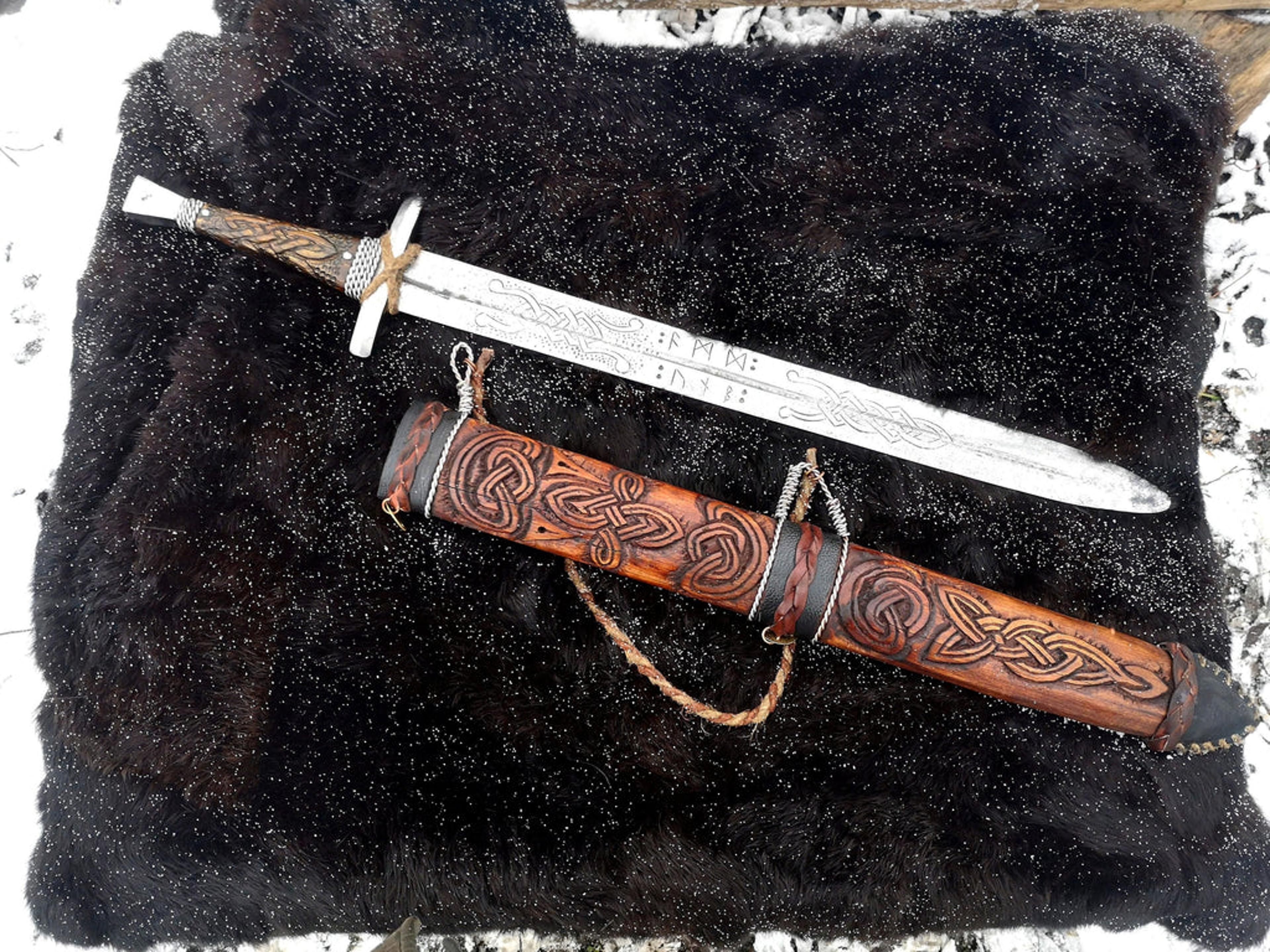 medieval viking sword | handcrafted steel warrior blade with wooden scabbard