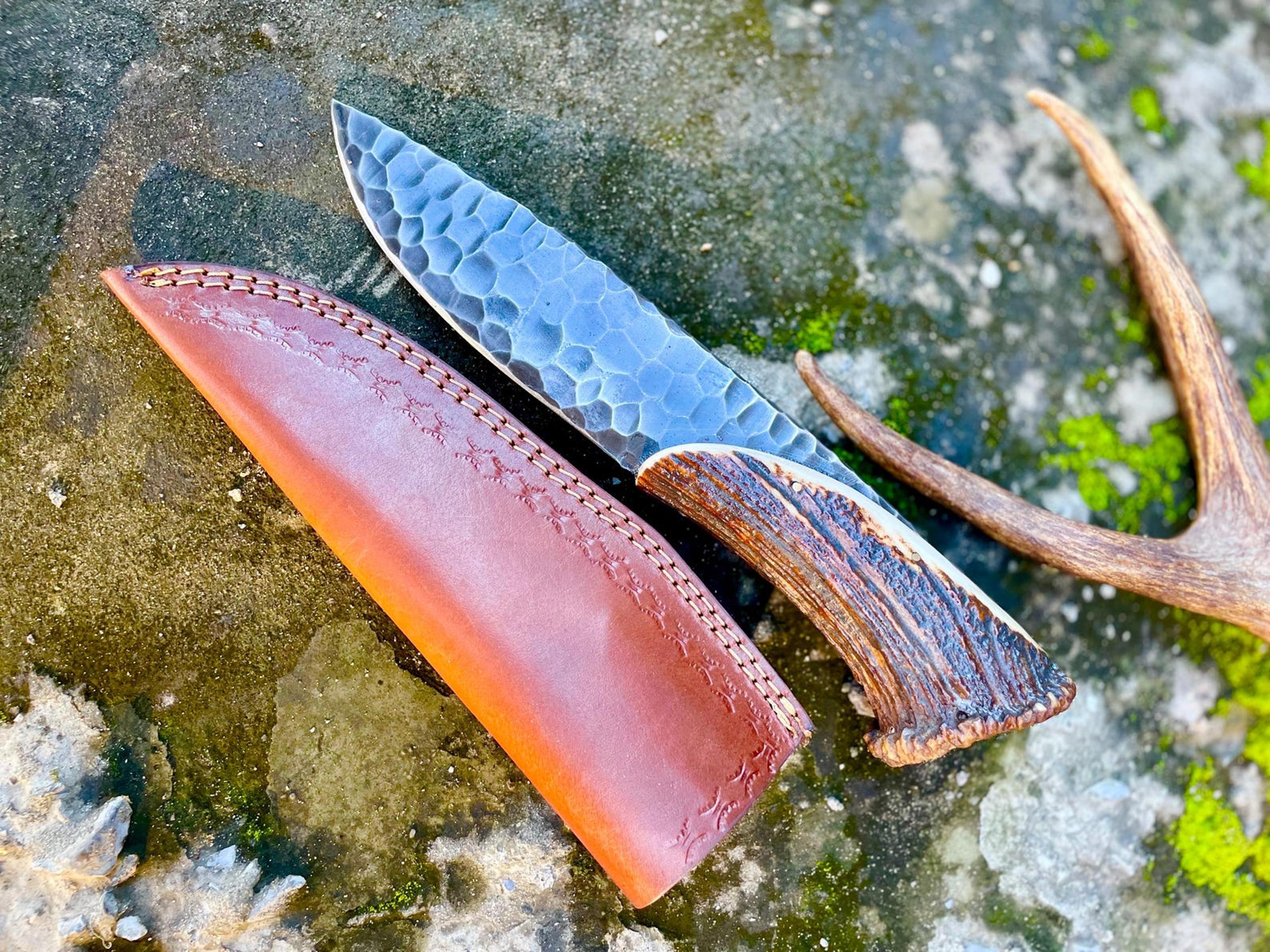 handmade high carbon steel hunting knife with stag handle & leather sheath | gift for hunters