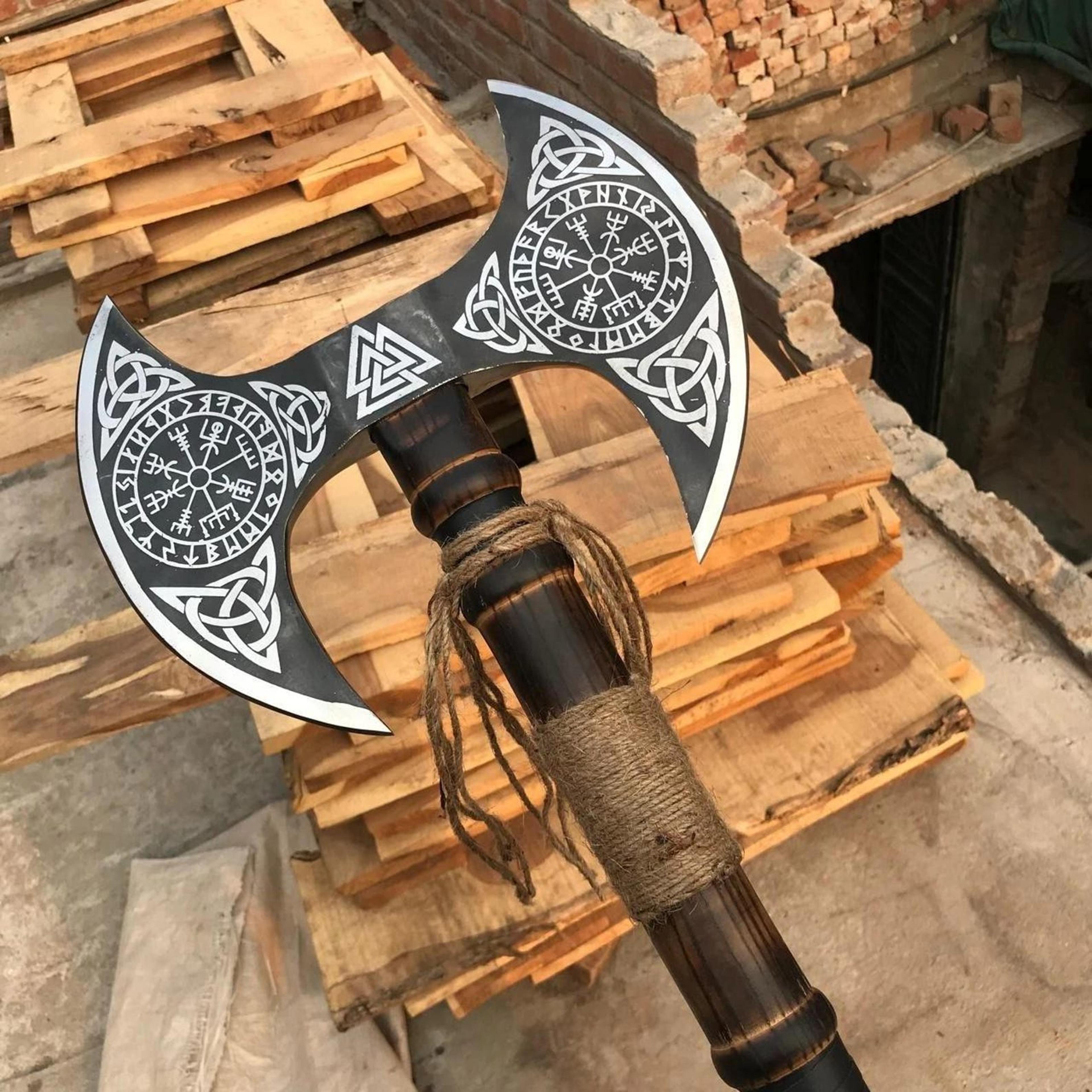 handmade carbon steel double headed viking axe with leather sheath gift for boyfriend
