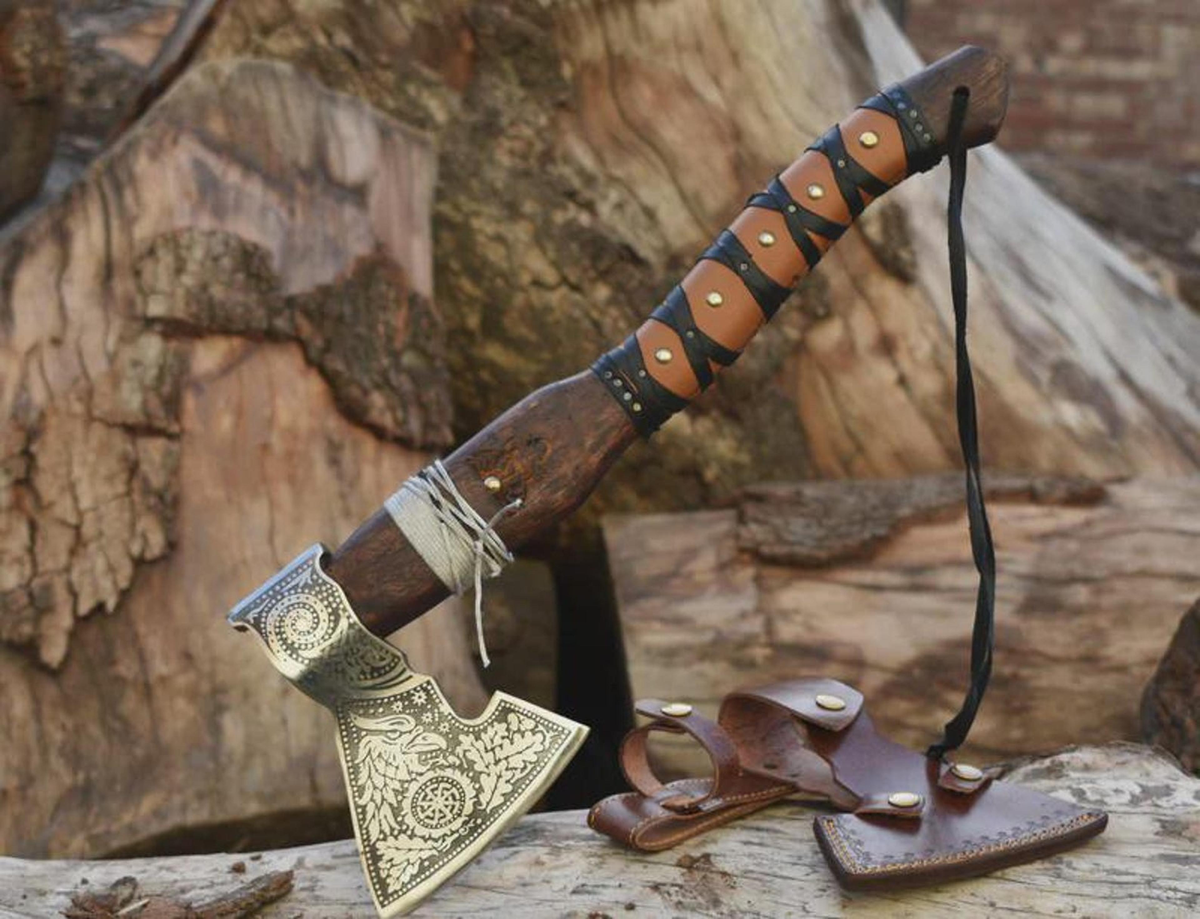 handmade engraved high carbon viking axe hatchet with leather sheath norse gift for men