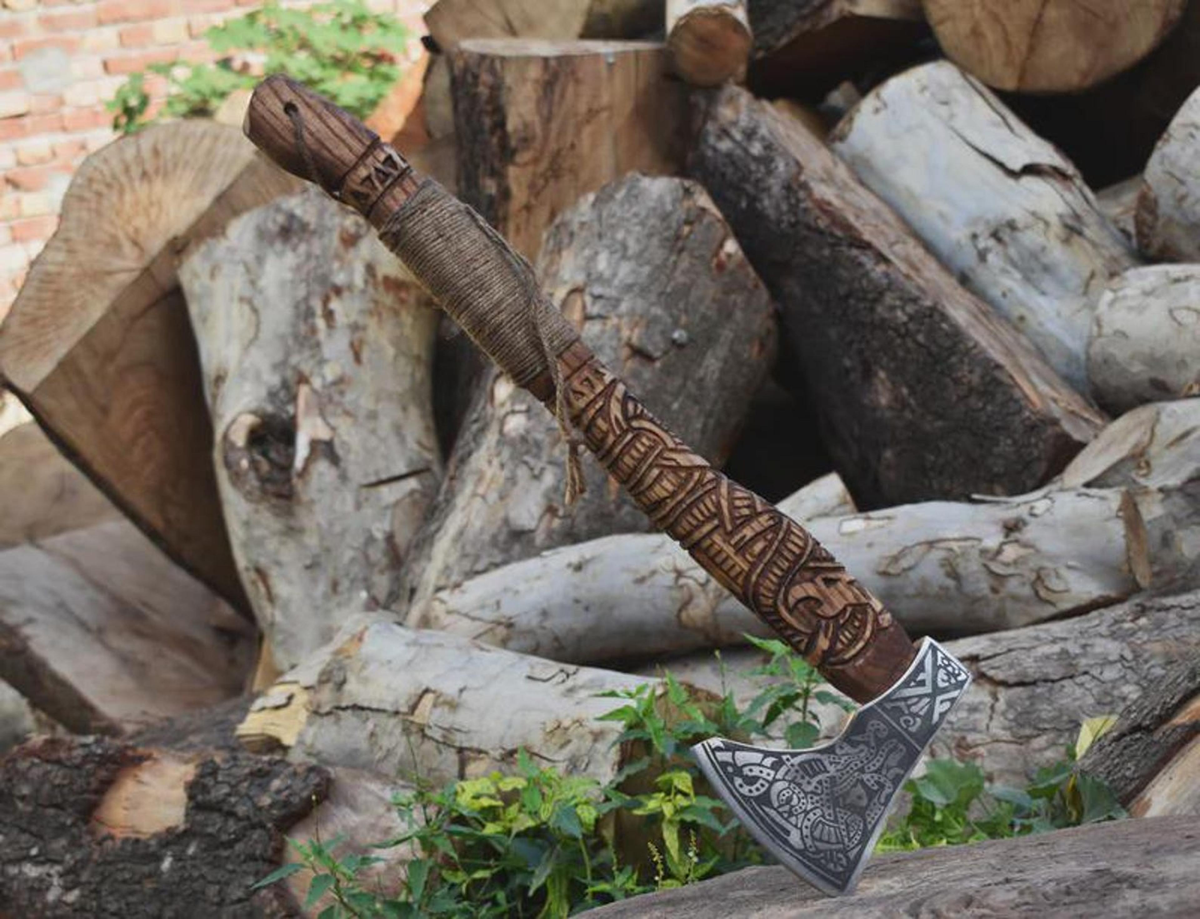 handmade engraved high carbon viking axe hatchet leather sheath norse gift for men