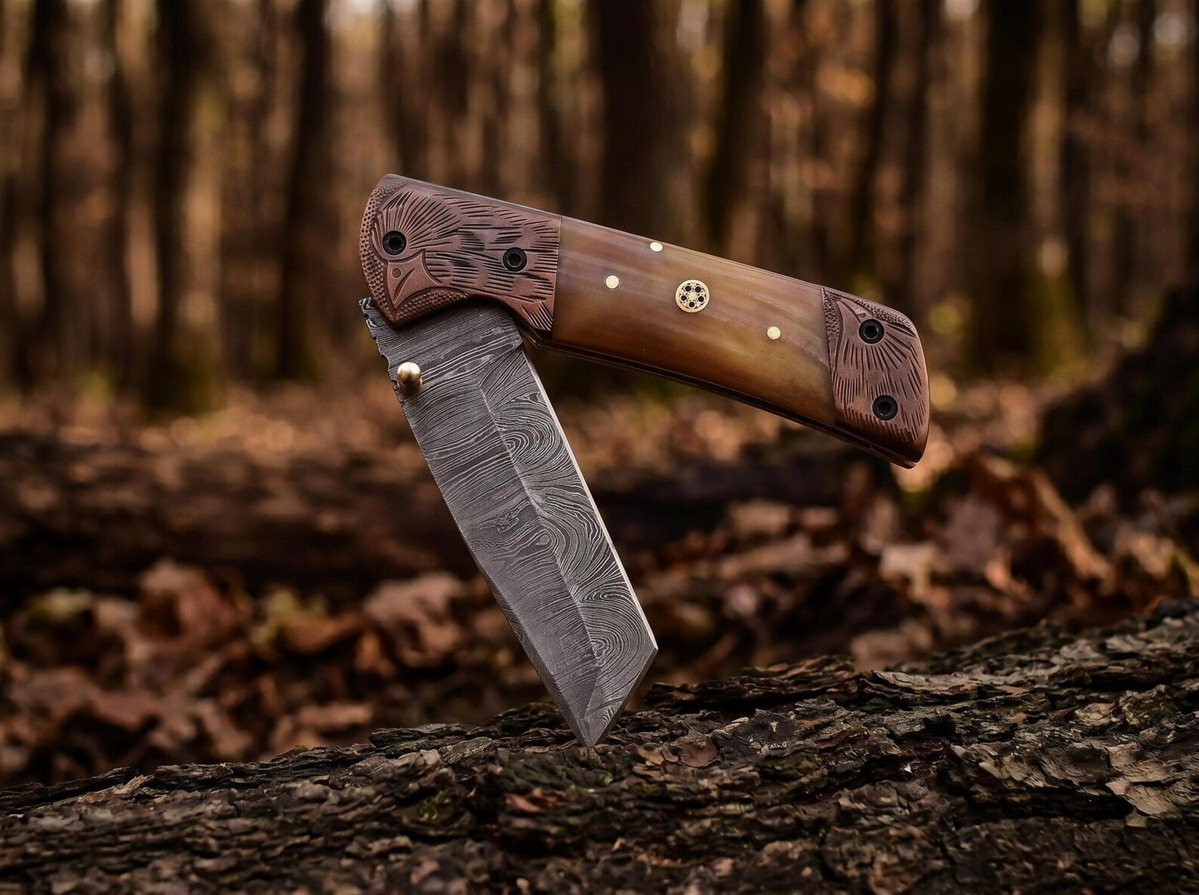 damascus steel folding pocket knife | ram horn handle edc knife with leather sheath | custom hunting gift for men
